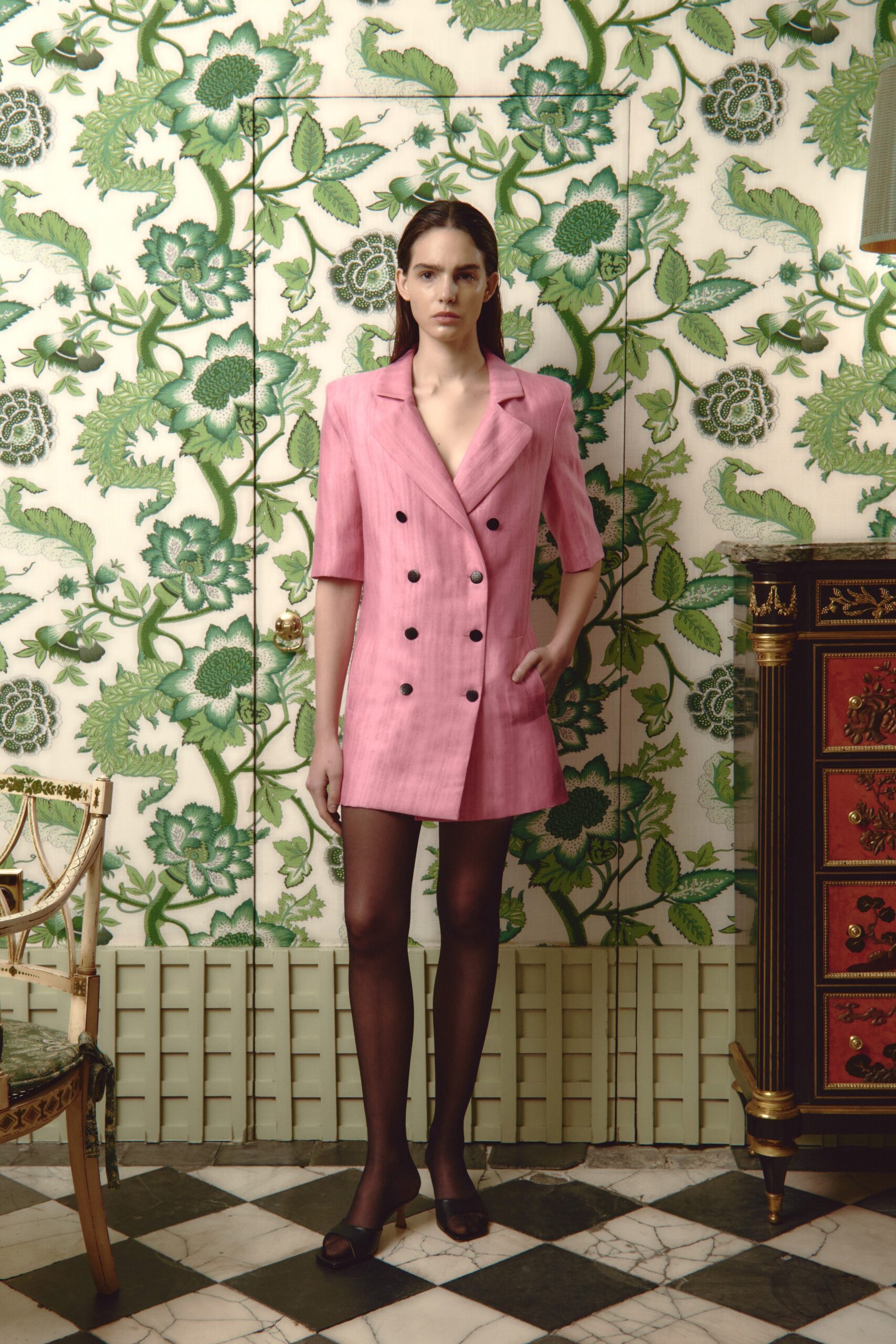 fitted pink double-breasted dress