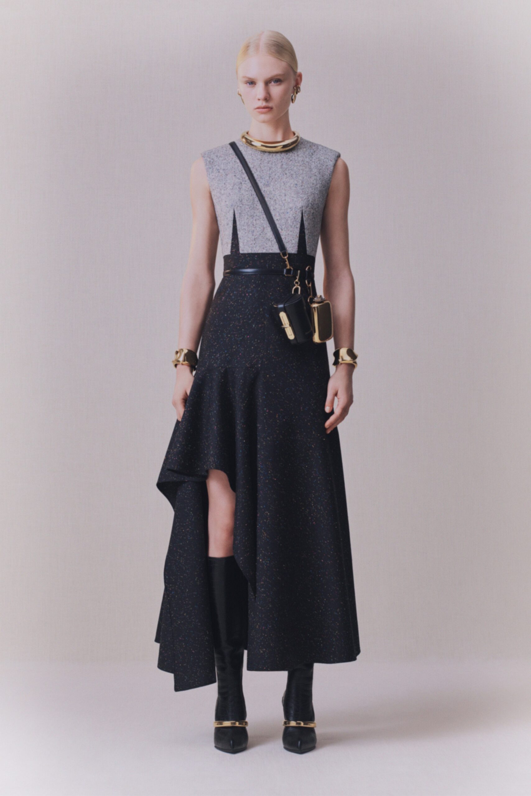 fitted gray and black asymmetric dress