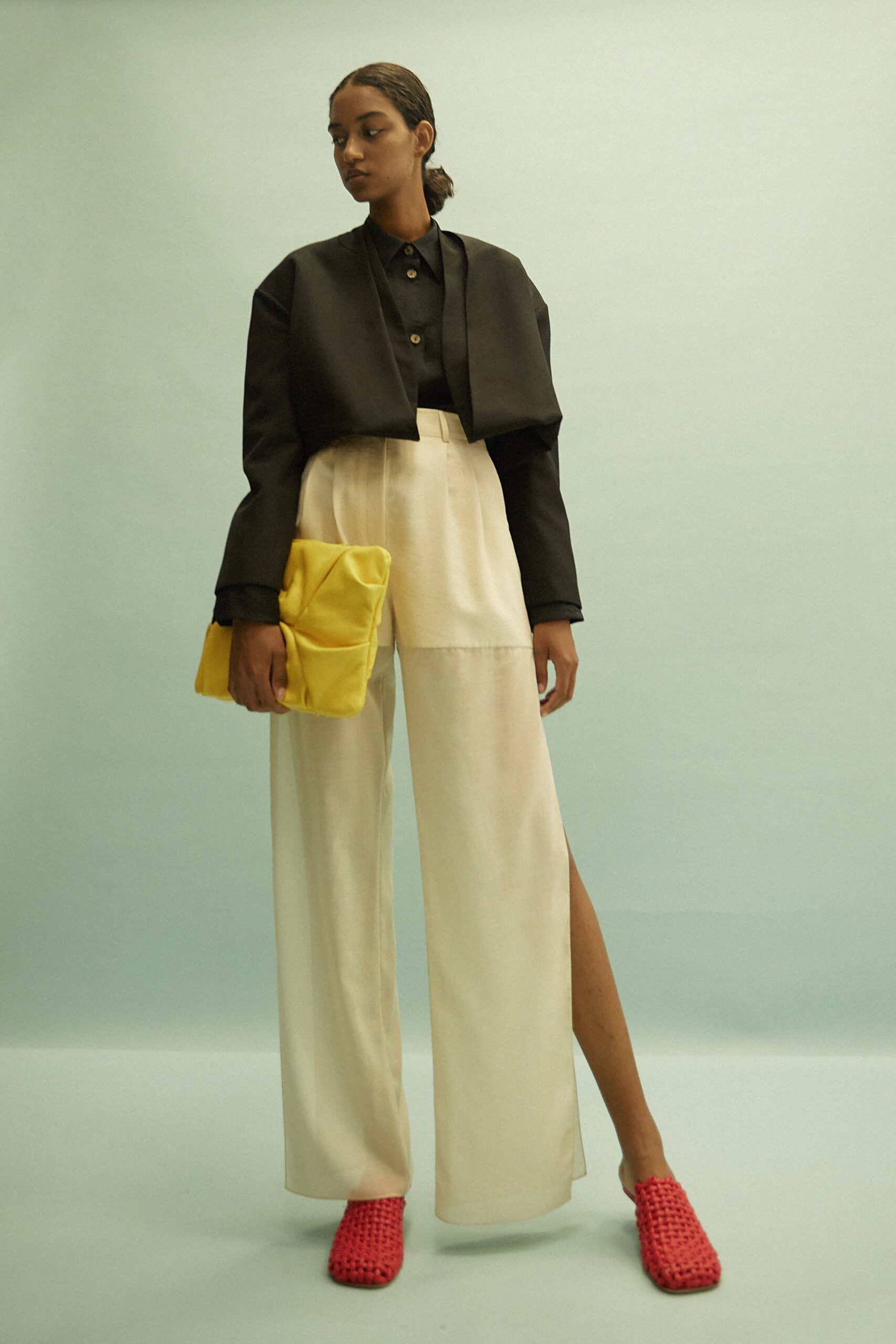 white silk slit relaxed high-waisted wide-leg pants