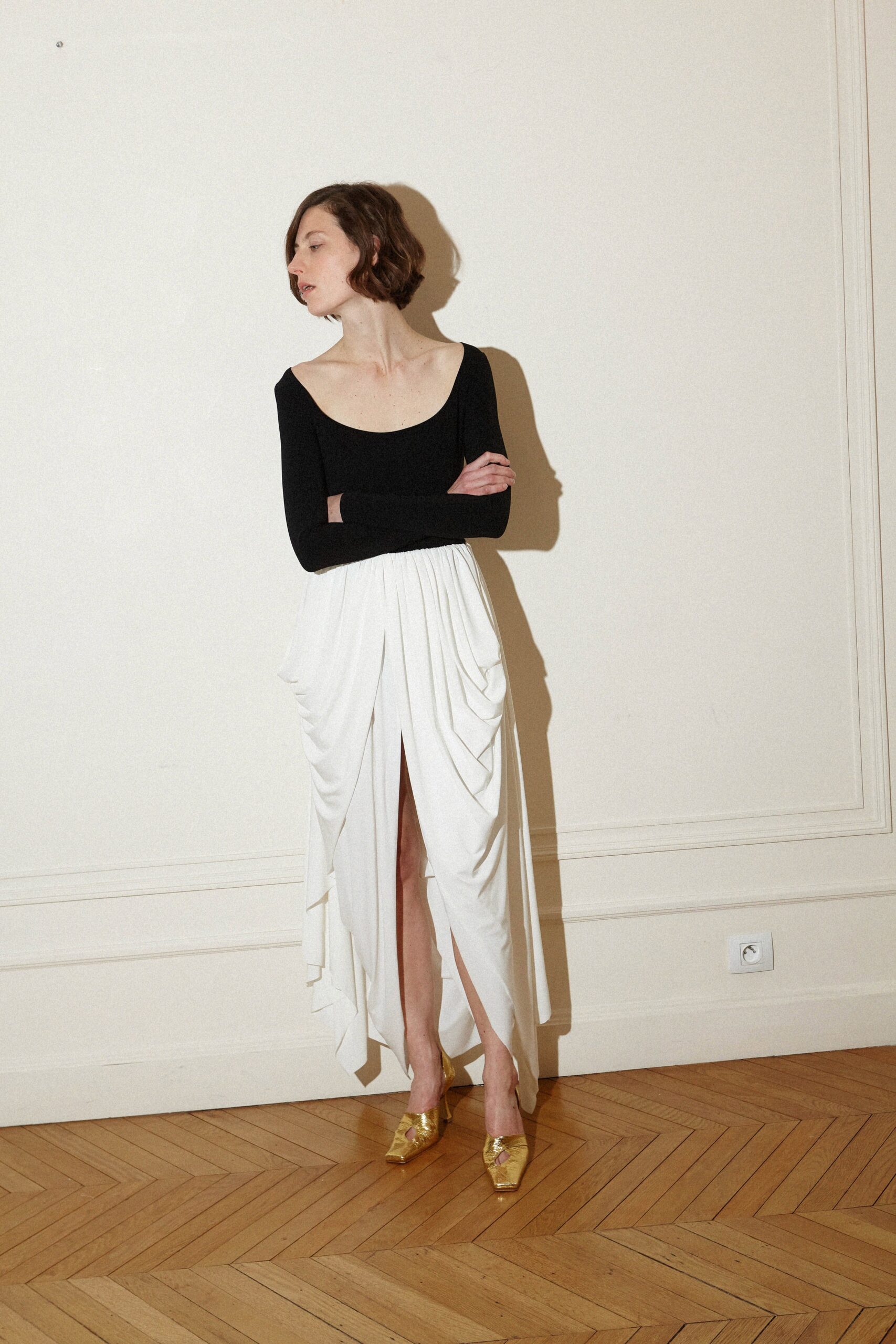 white silk slit relaxed high-waisted draped midi skirt