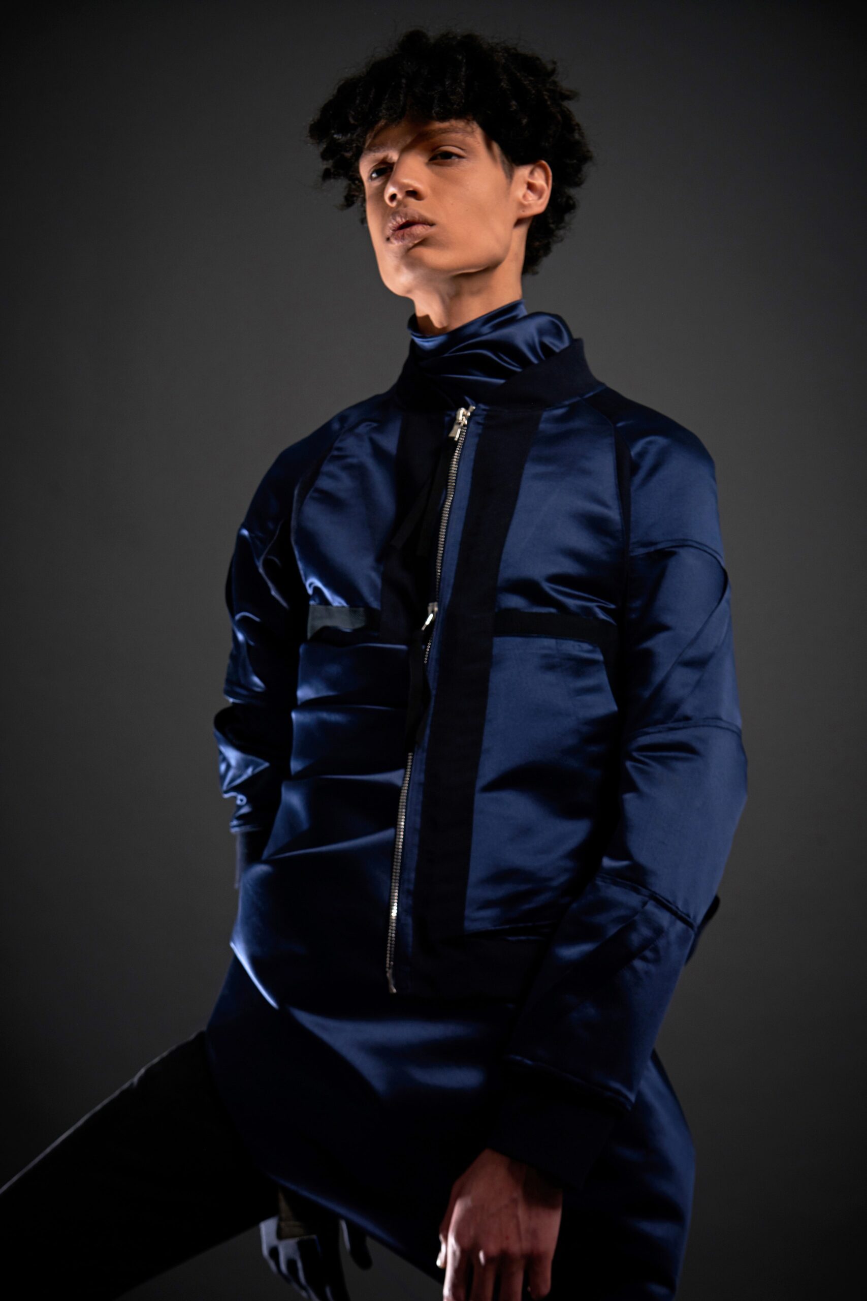 fitted blue satin jacket