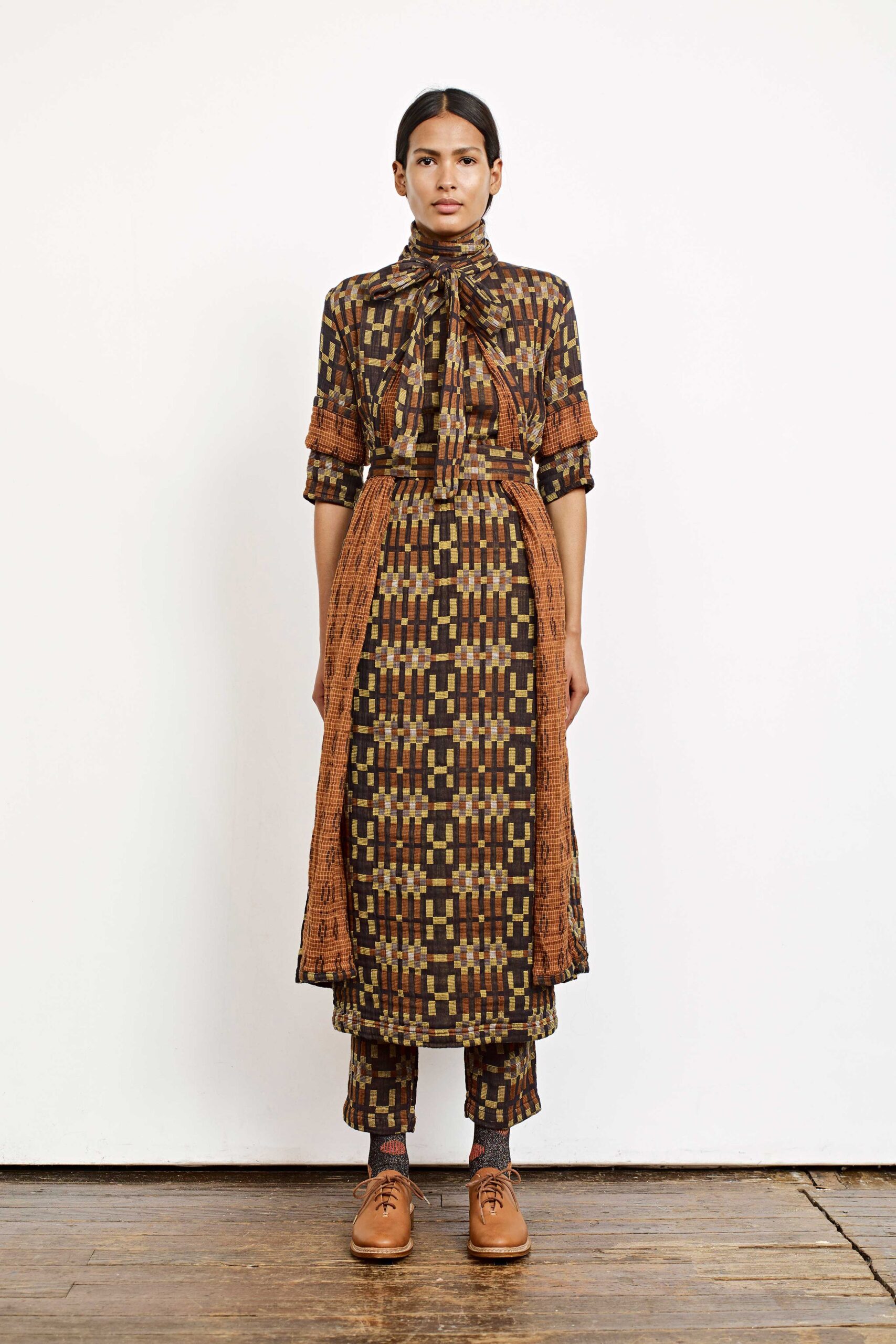 brown printed midi dress with pants