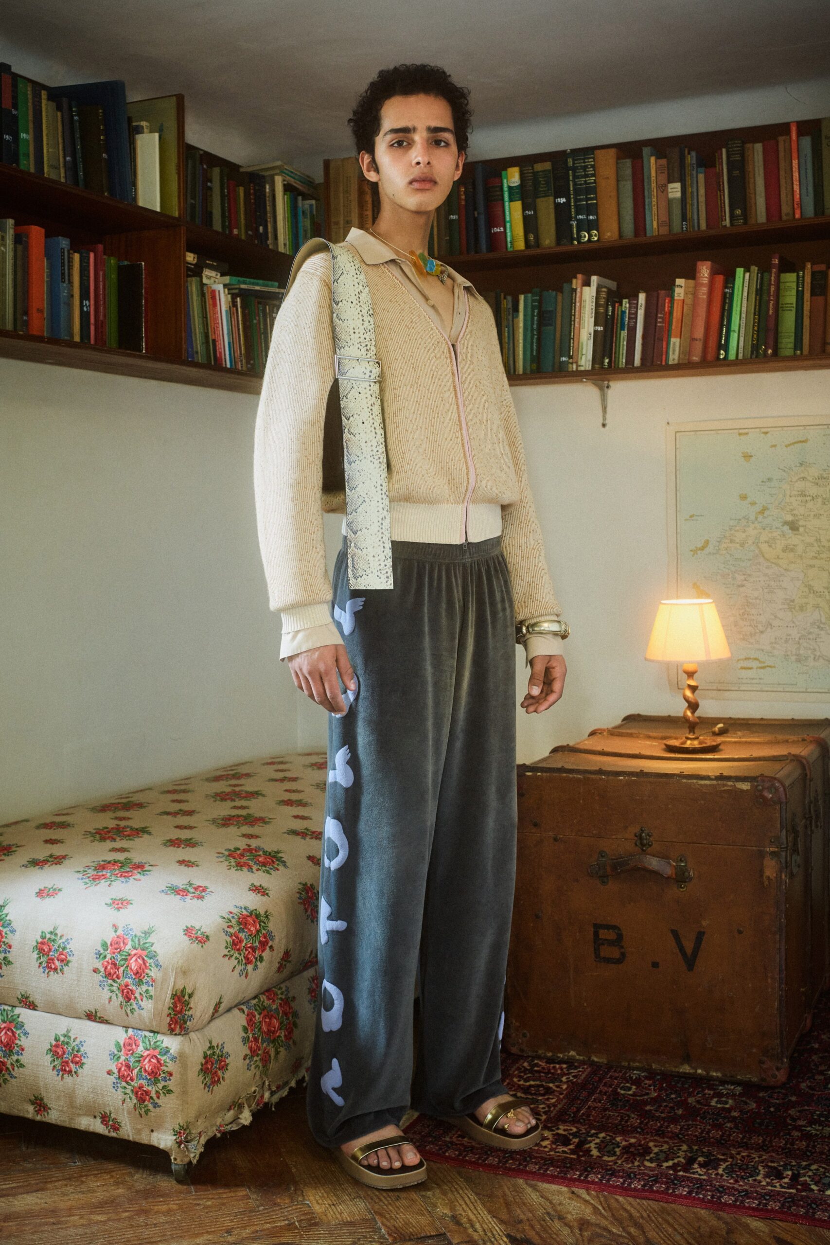 beige hoodie gray velvet pants