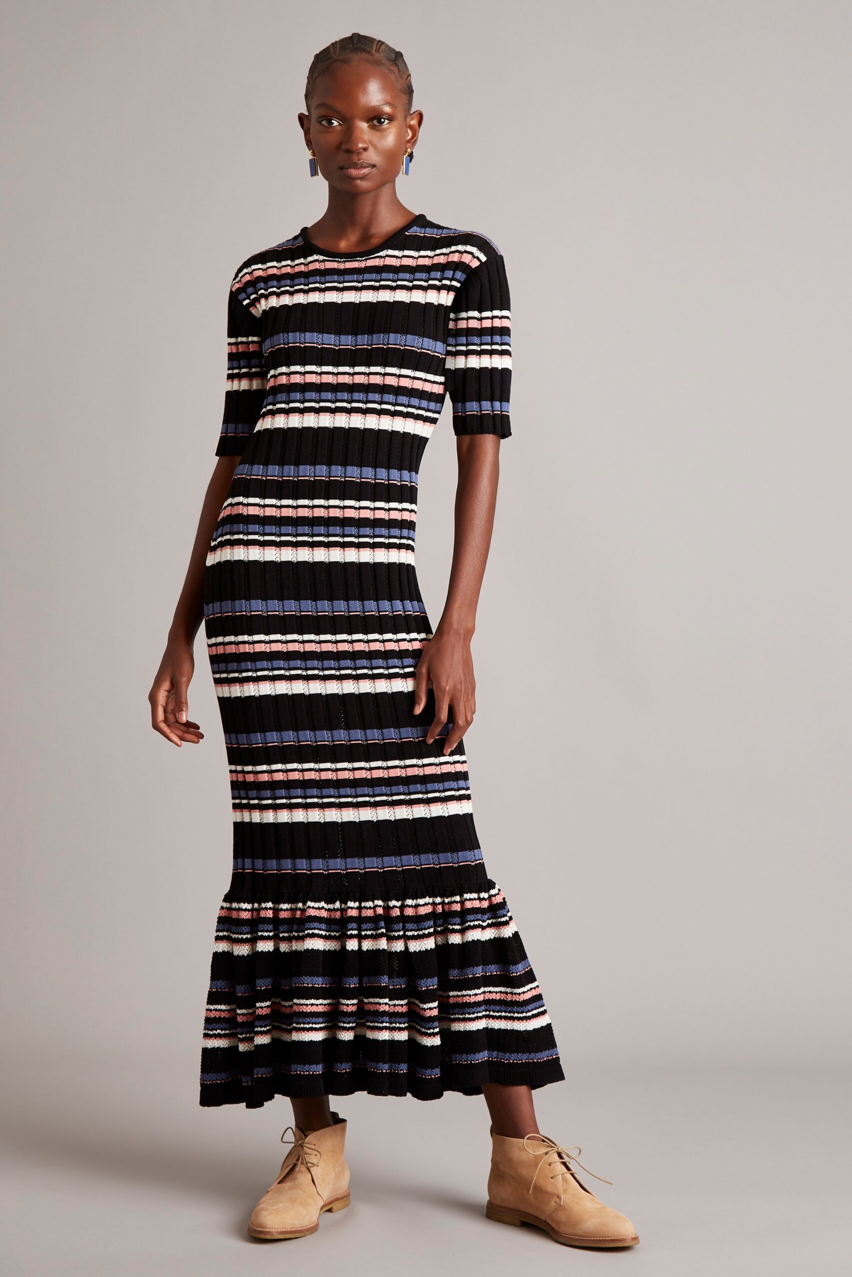 striped fitted midi dress