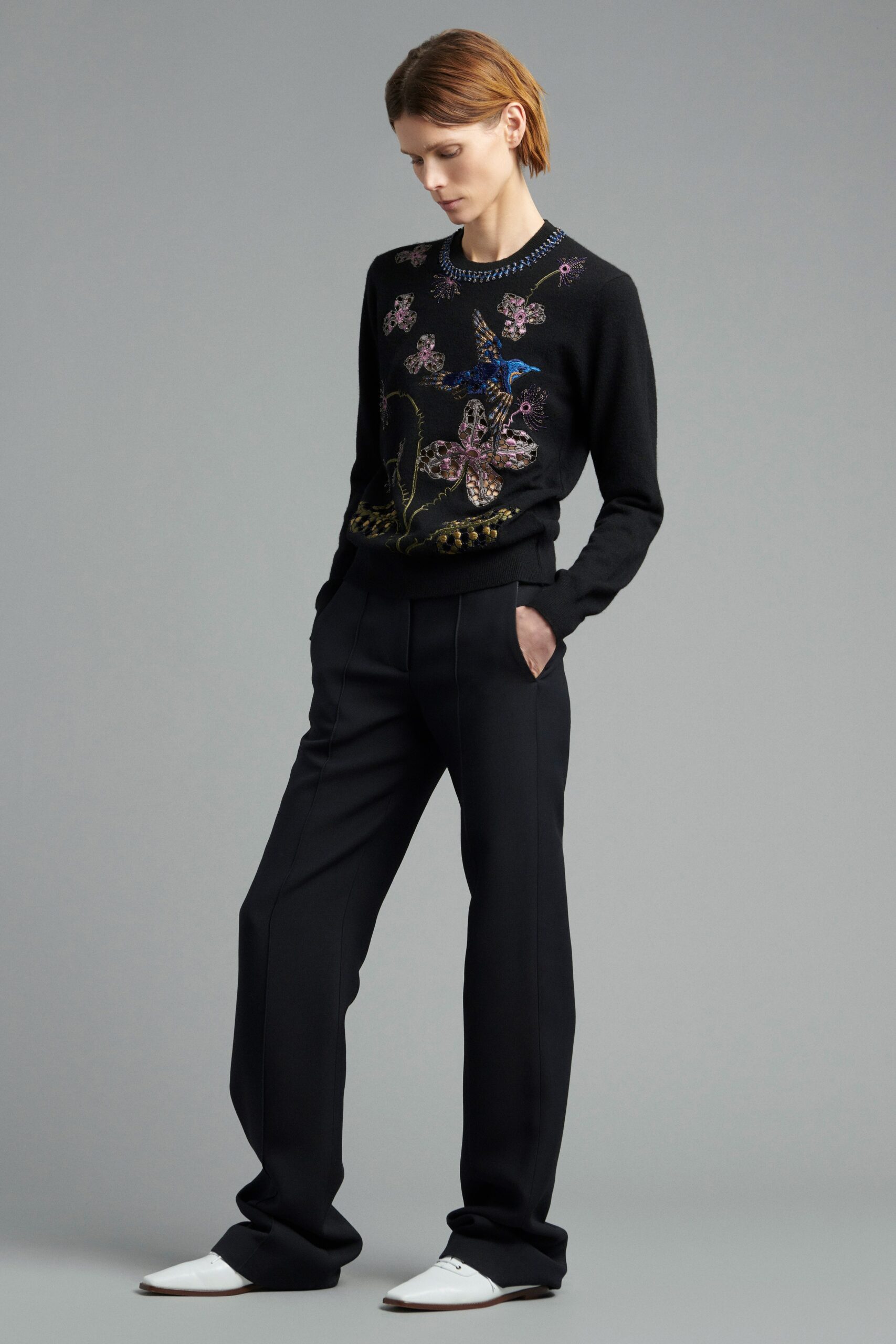 black wool long-sleeve collared fitted embroidered sweater