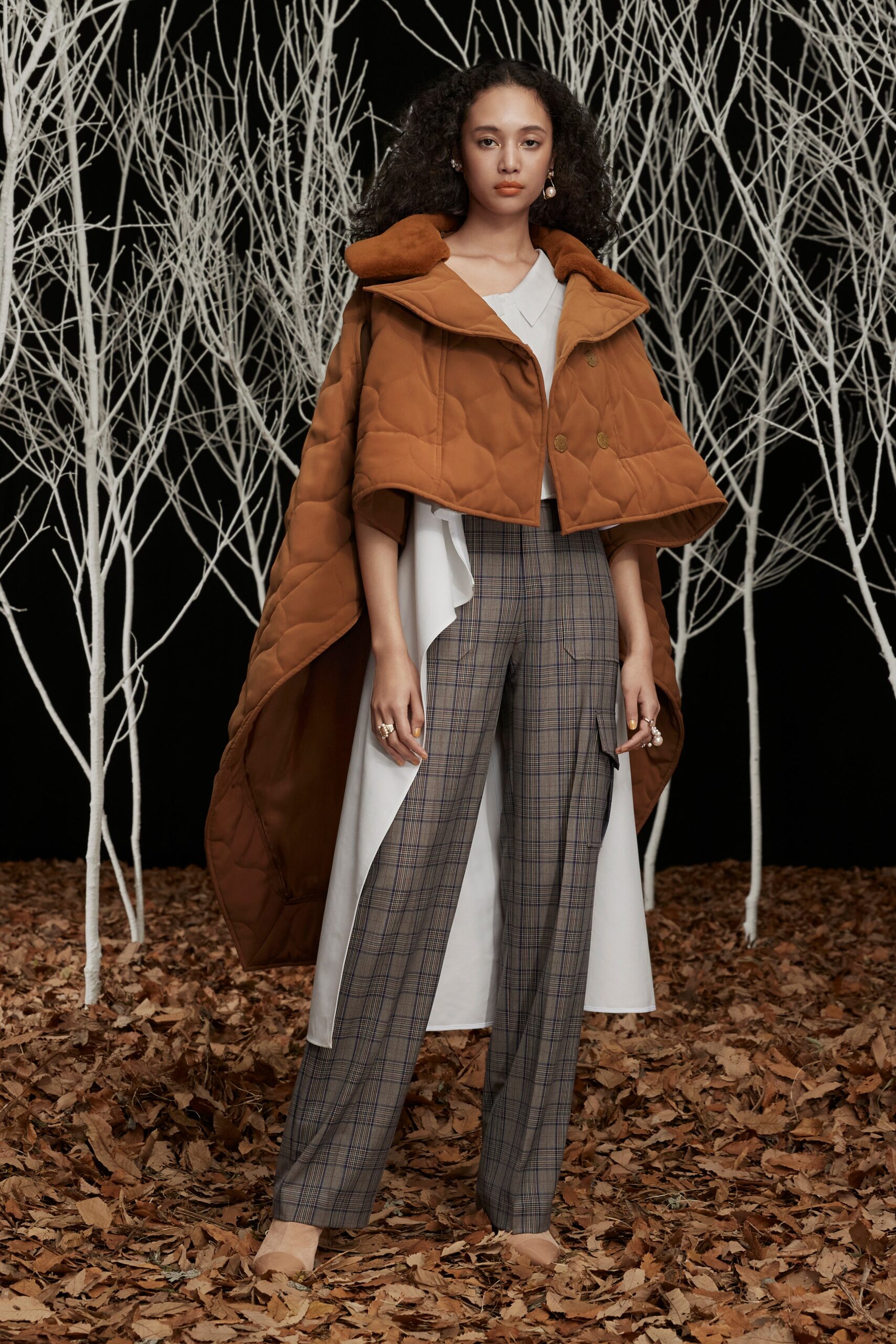 brown cotton long-sleeve relaxed padded cape