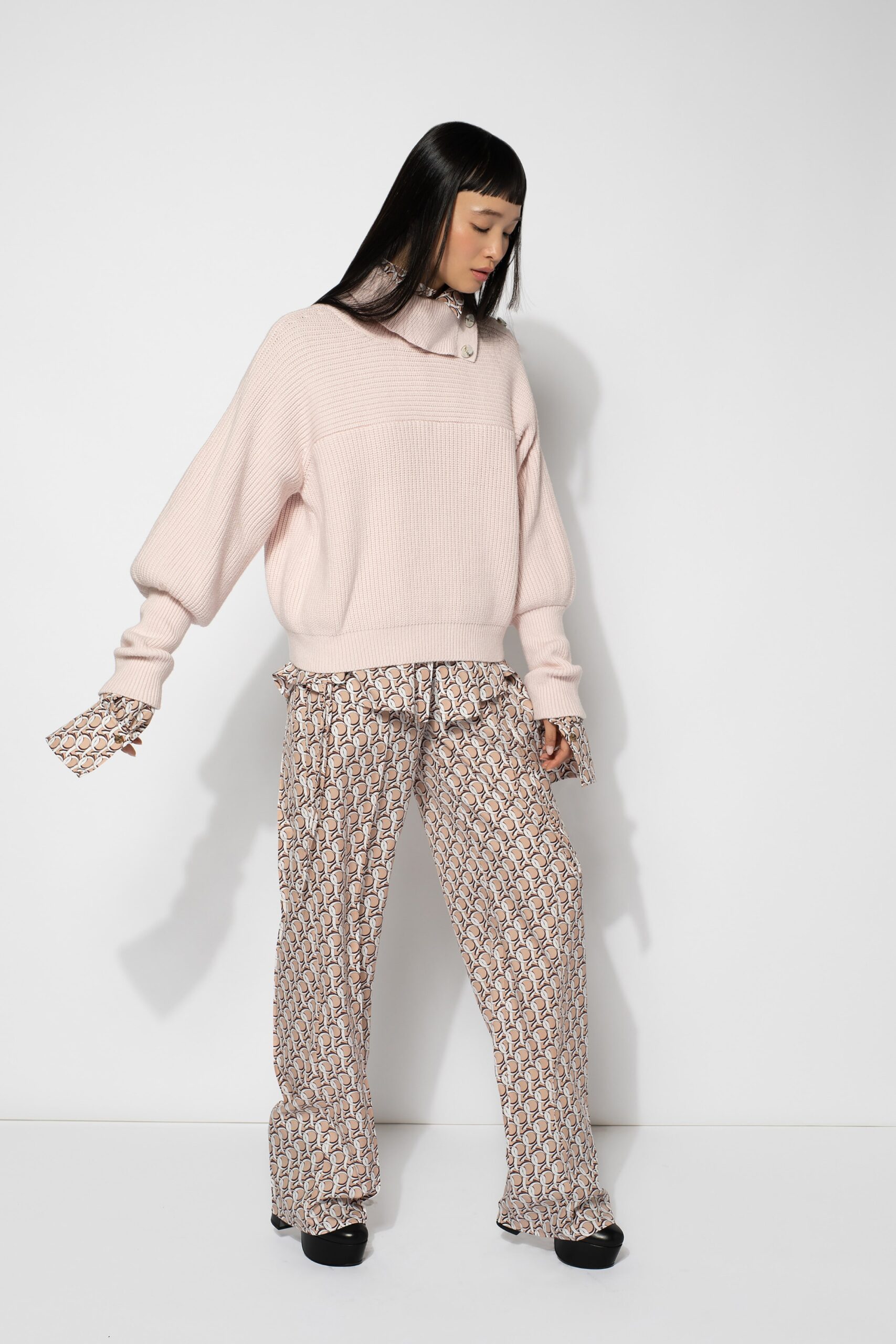 pink cotton long-sleeve high-neck oversized ribbed sweater