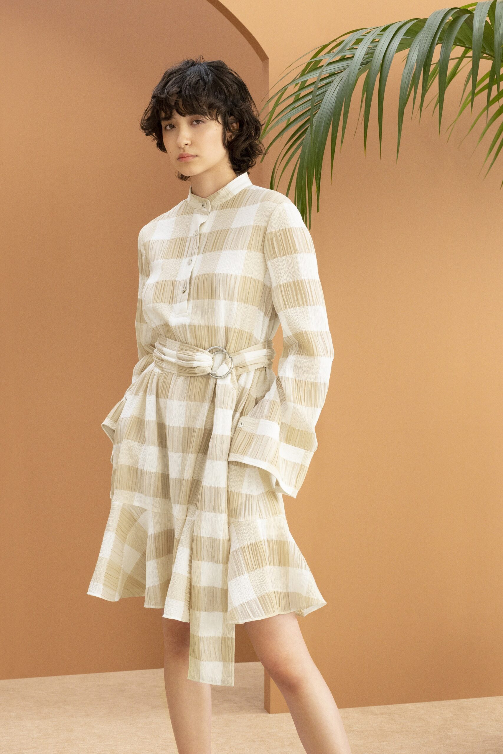 beige and white pleated dress