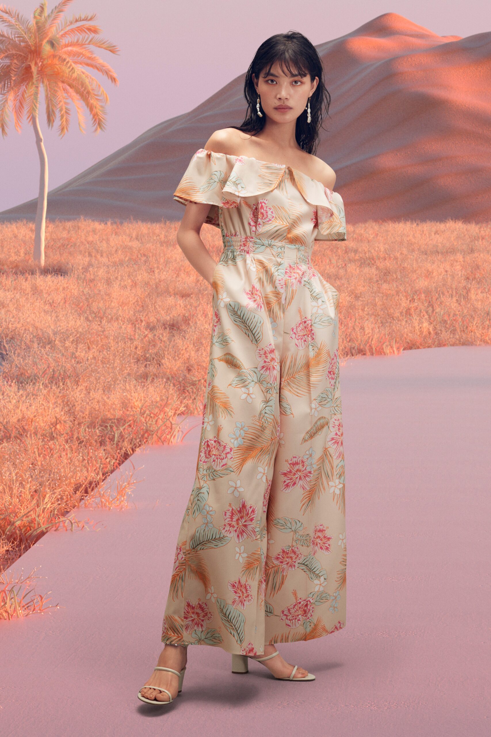 beige floral off-shoulder jumpsuit
