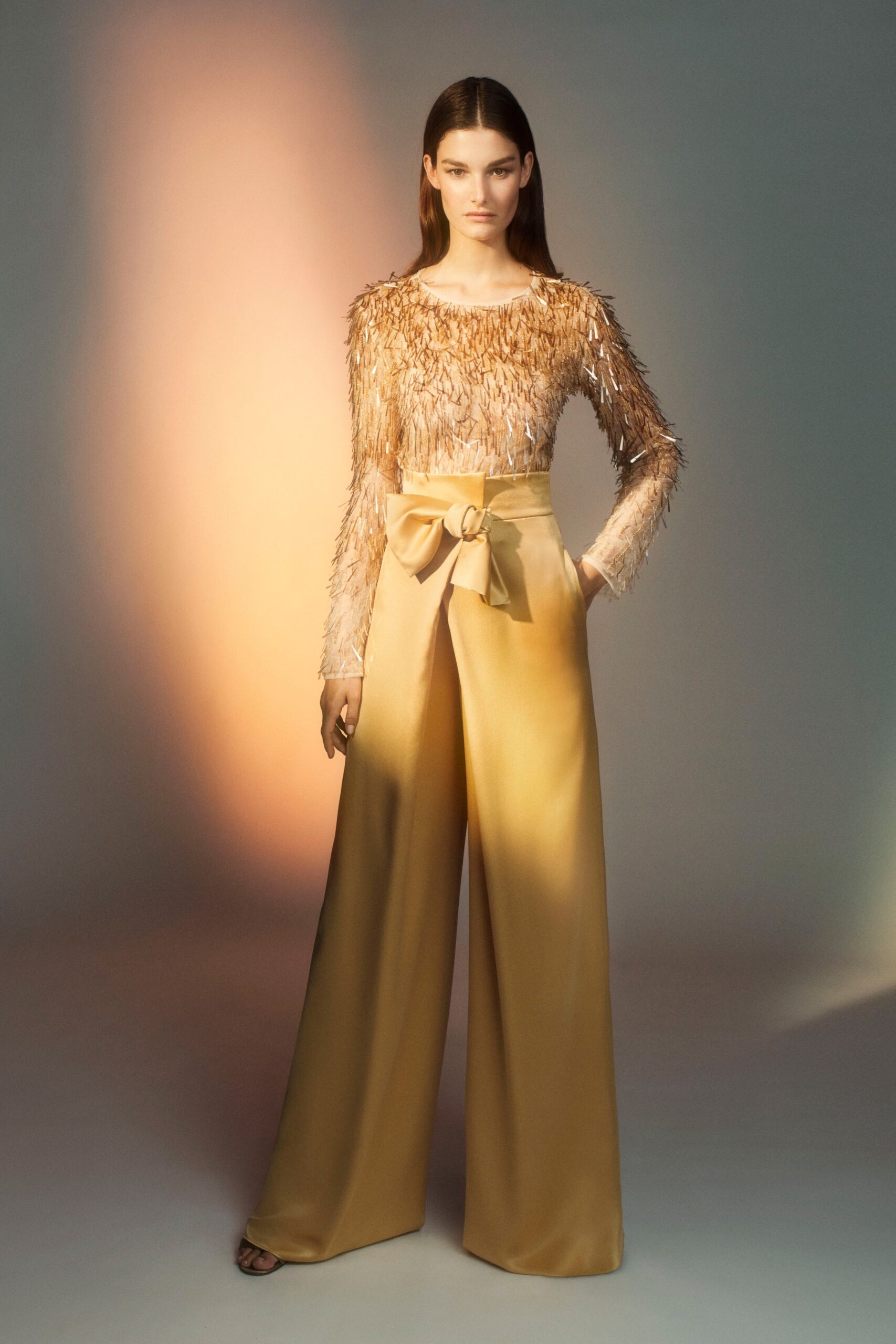 beige silk long-sleeve scoop-neck fitted fringed shiny top