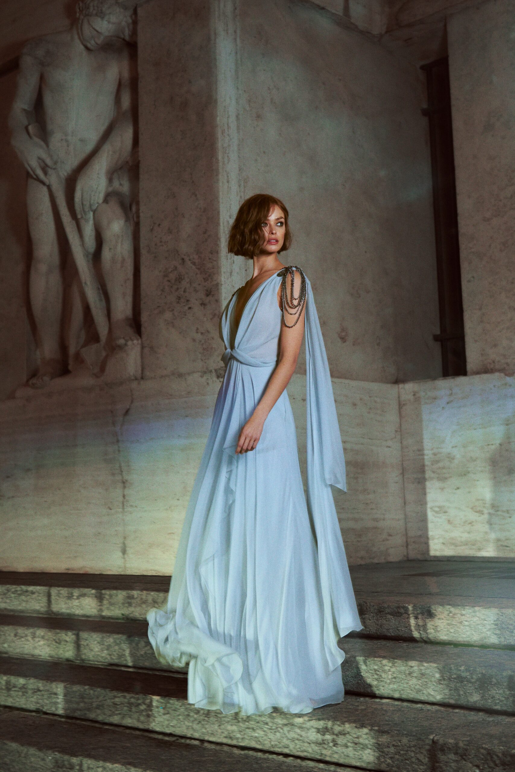blue silk sleeveless gown