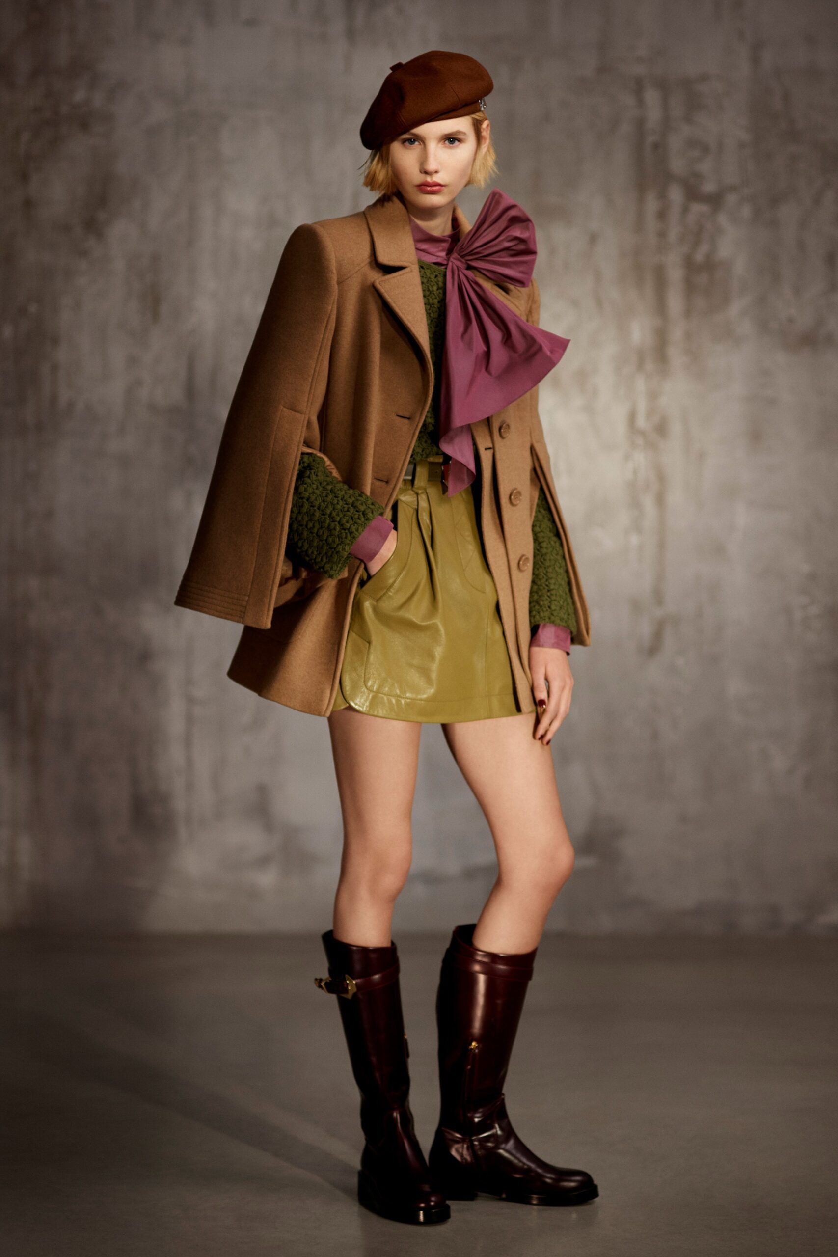 brown wool coat with green top