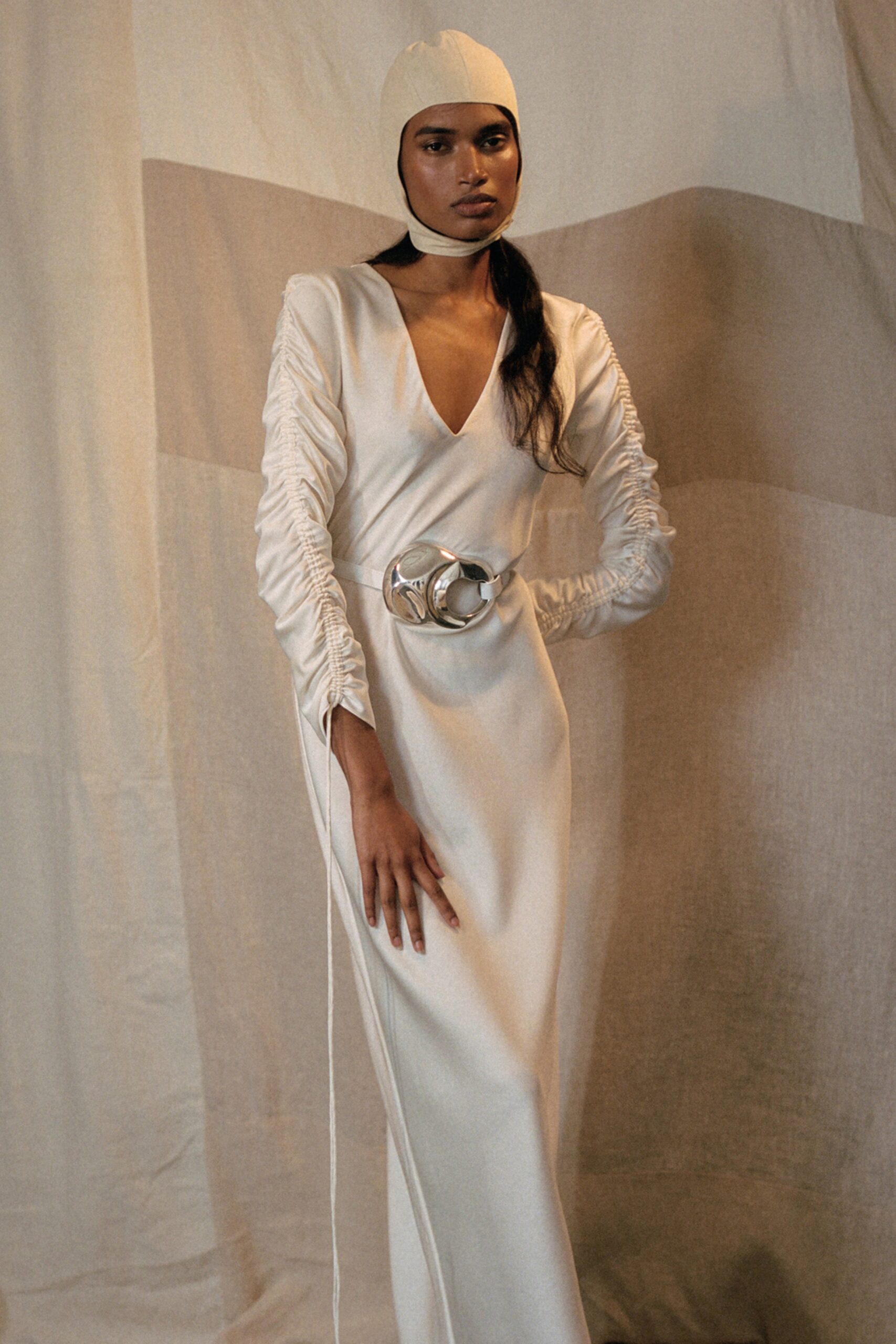 ivory silk fitted dress with belt