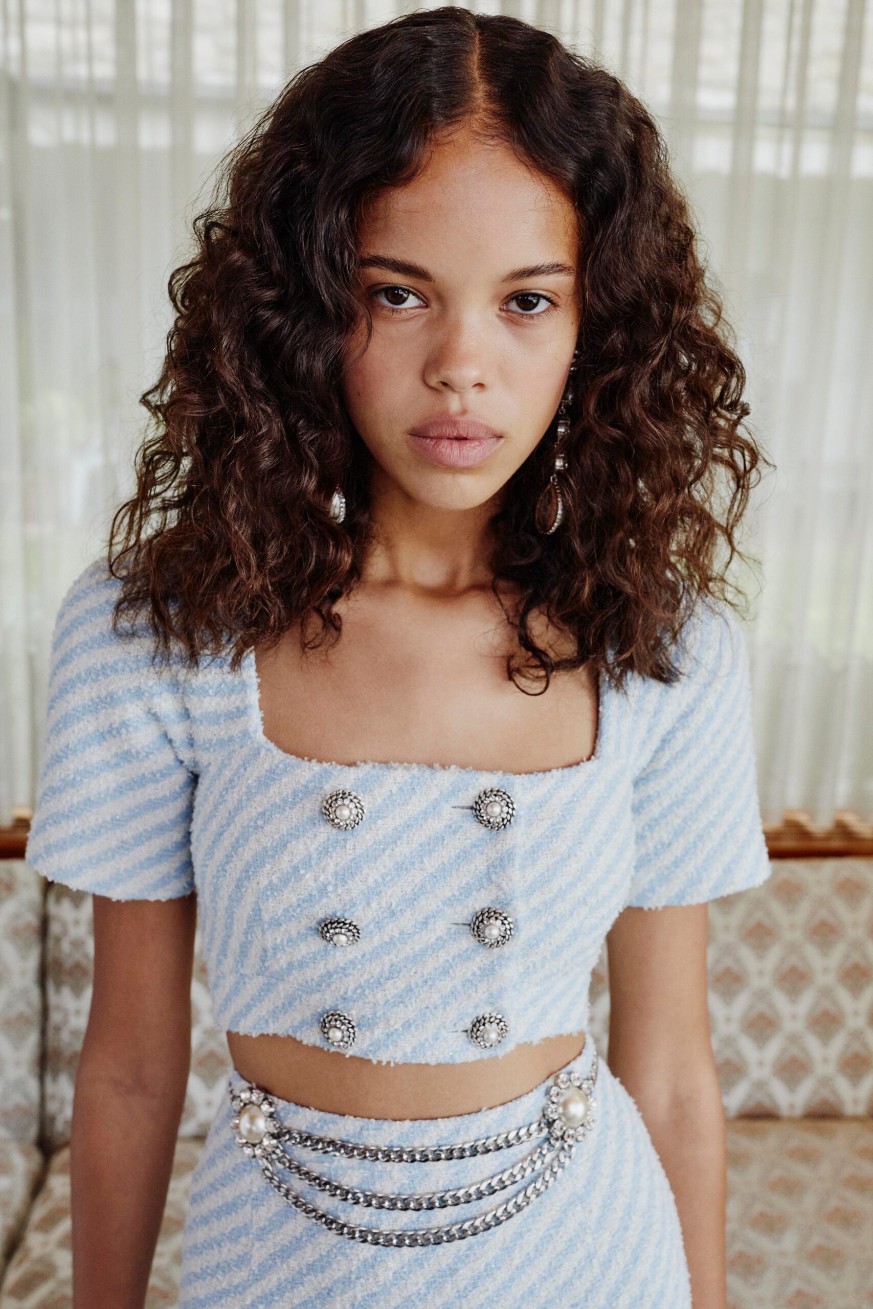 blue and white cropped top with pencil skirt