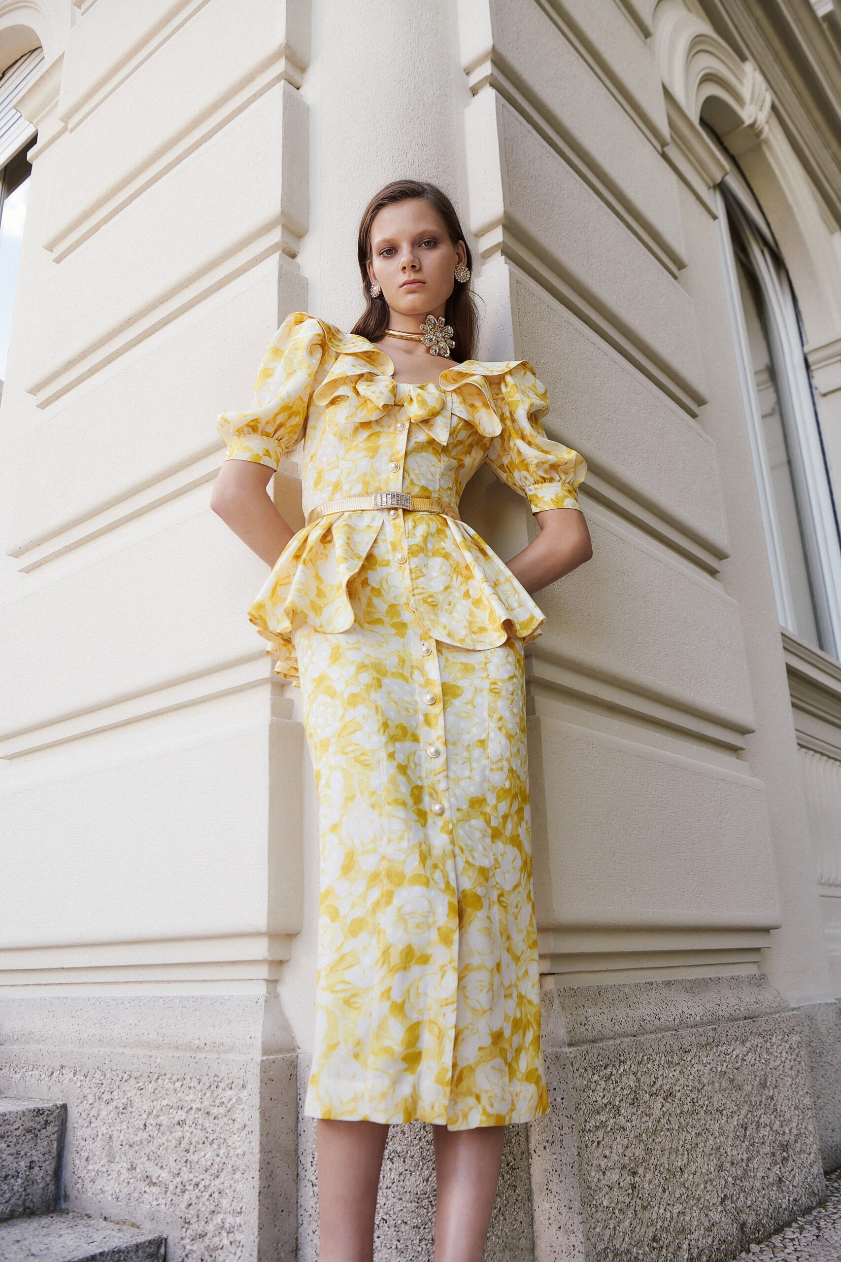 yellow floral midi dress