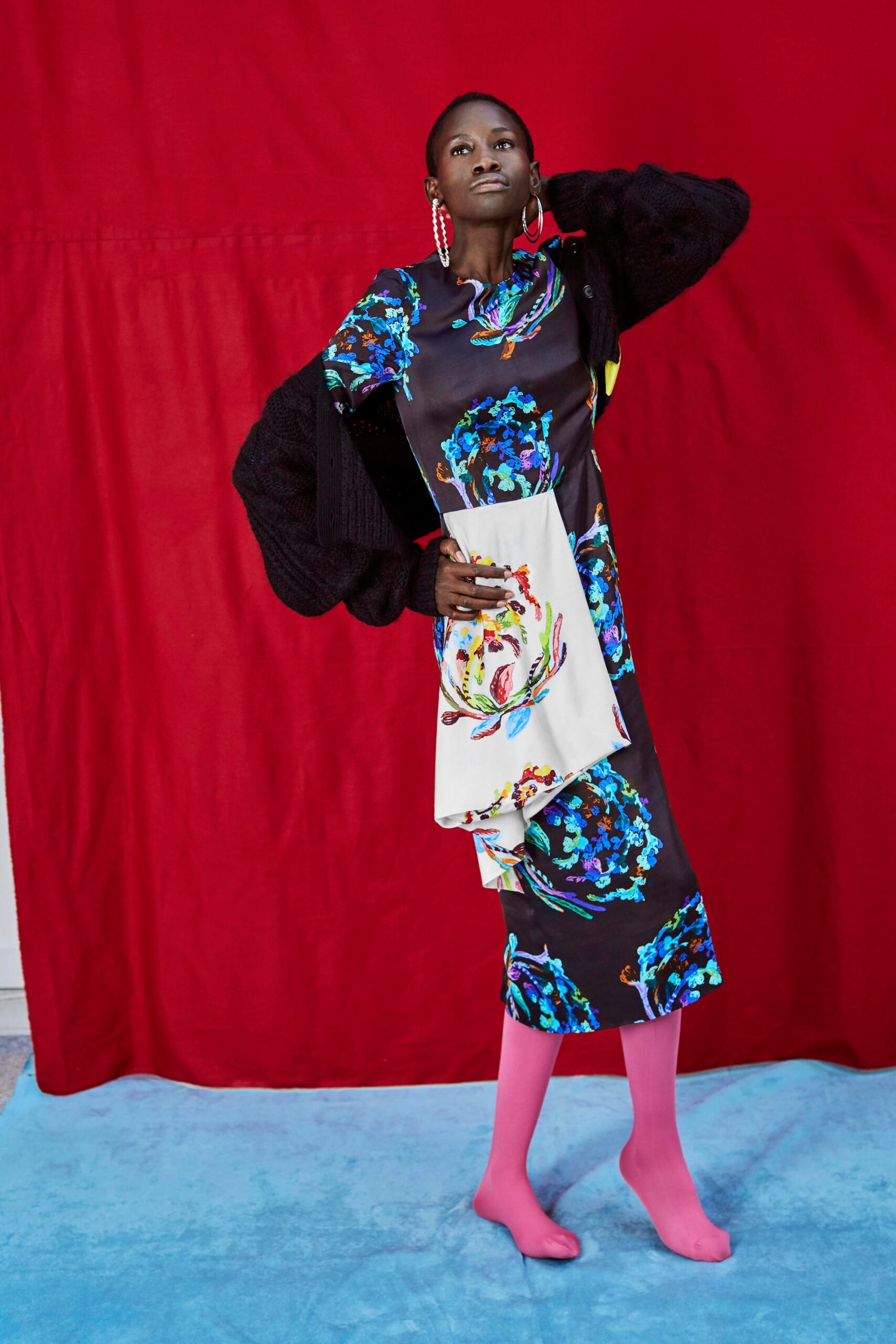 black printed midi dress with pink socks
