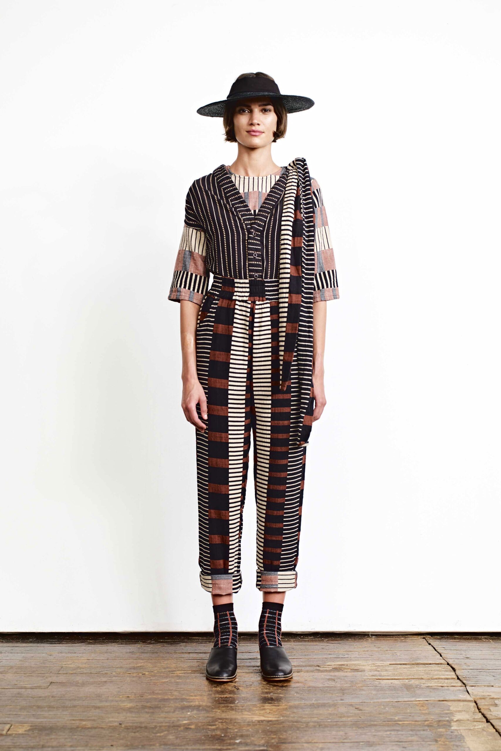 striped relaxed jumpsuit with hat
