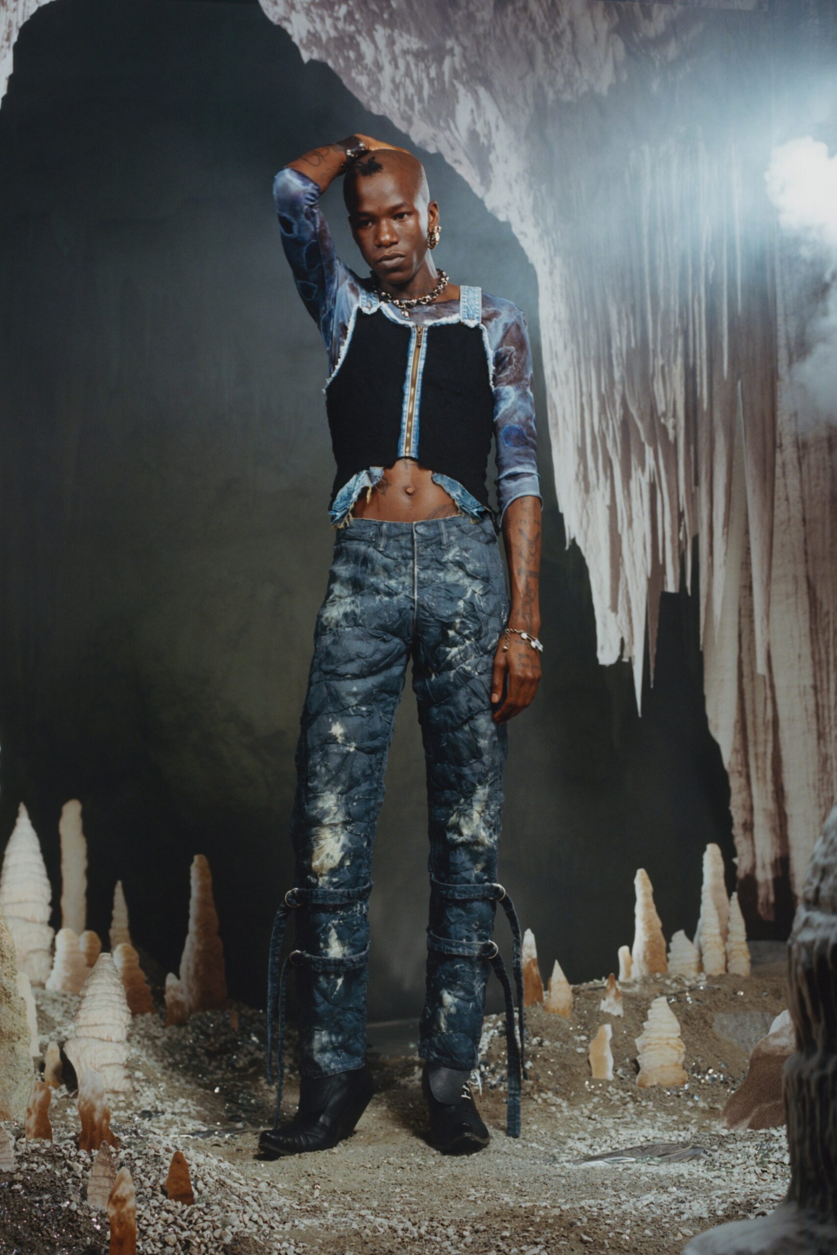 blue denim fitted distressed straight-leg pants