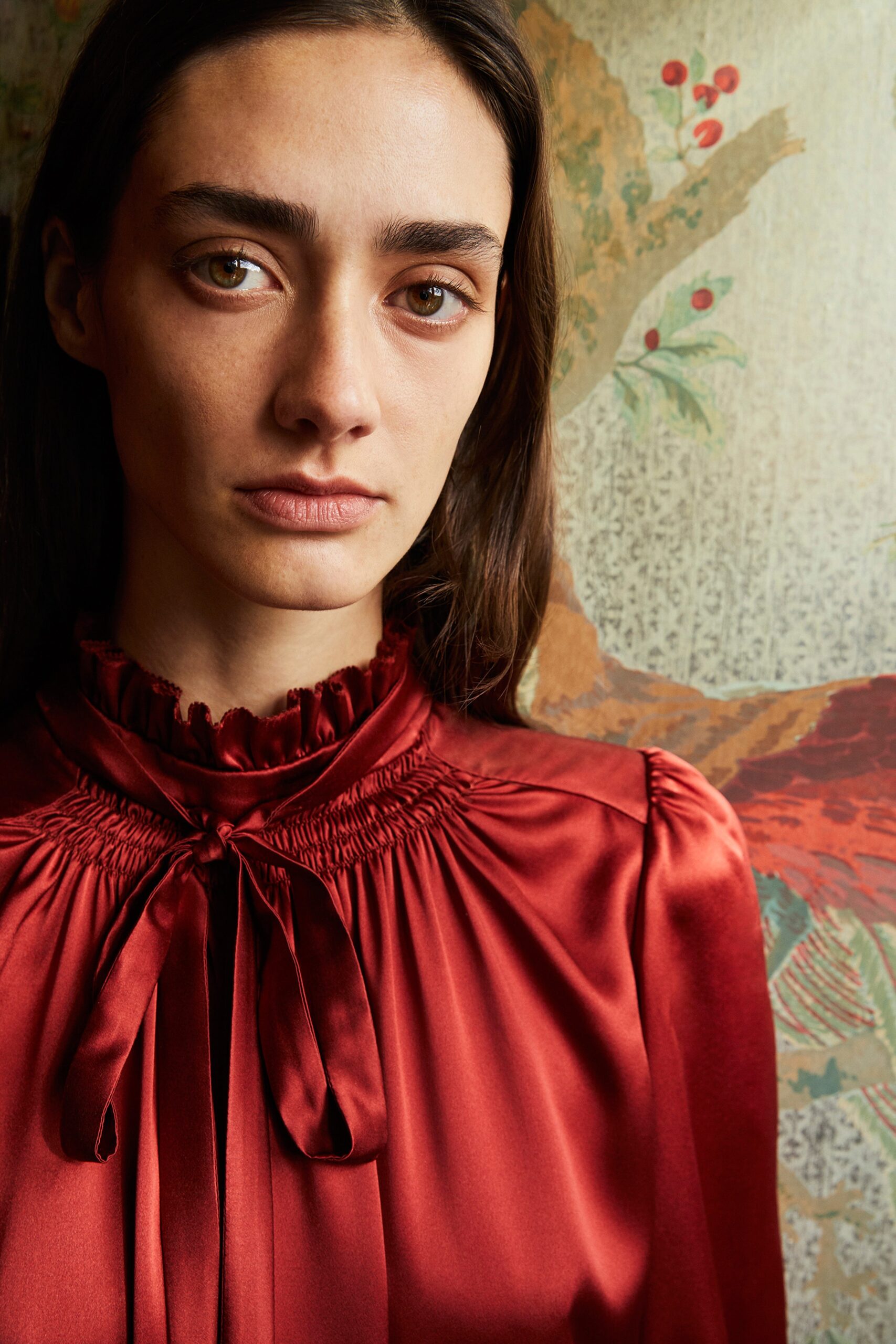 fitted red silk blouse