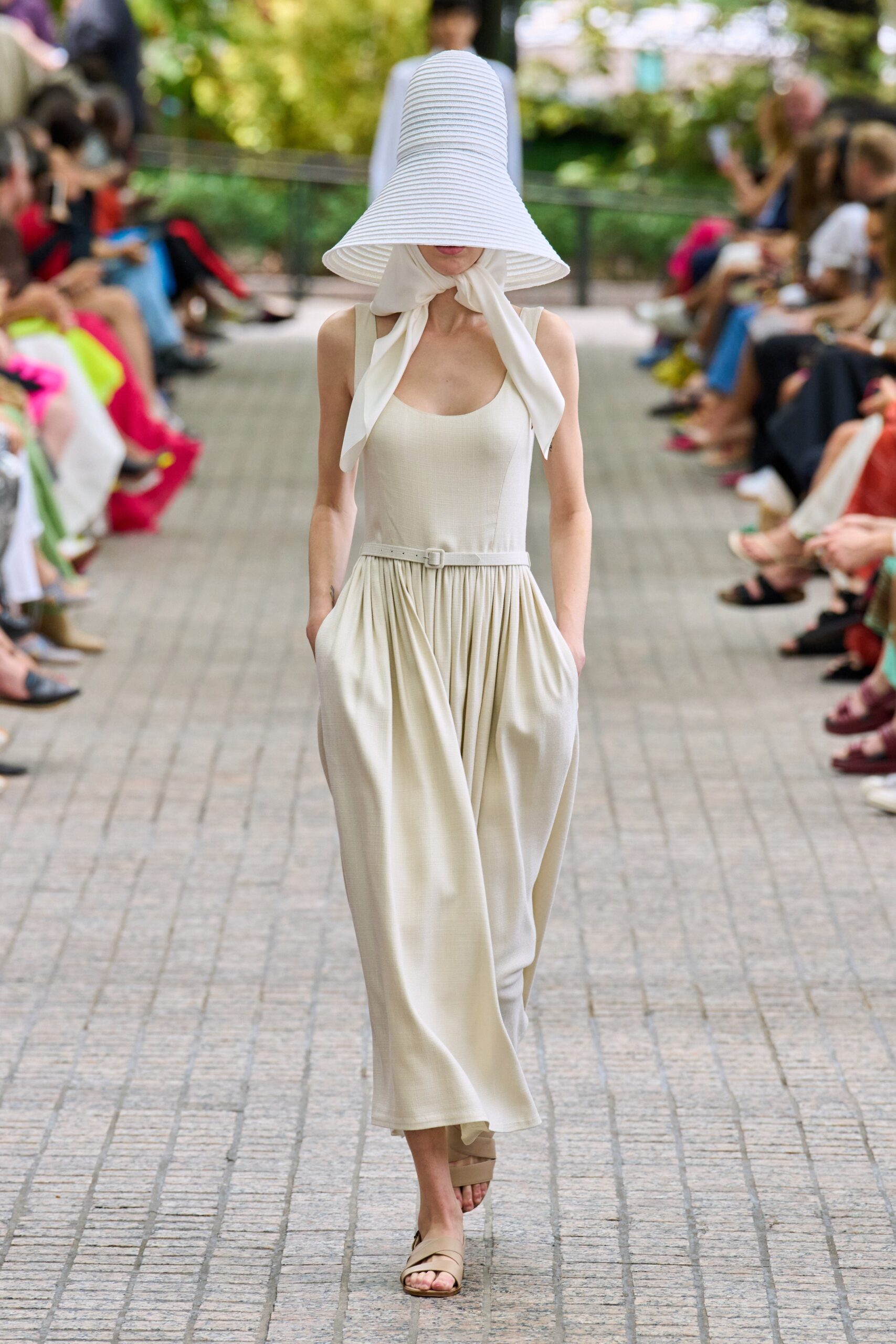 beige cotton sleeveless v-neck relaxed pleated maxi dress