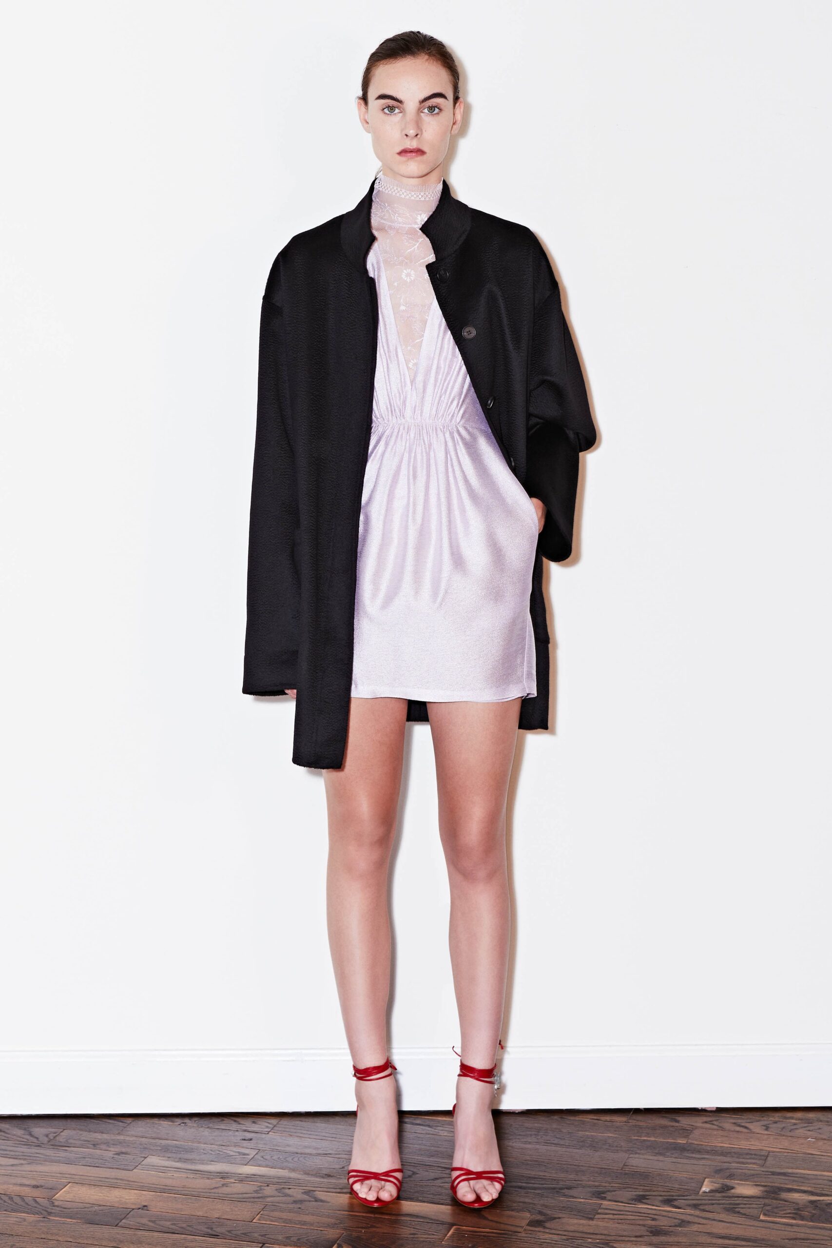 lavender silk mini dress with black coat