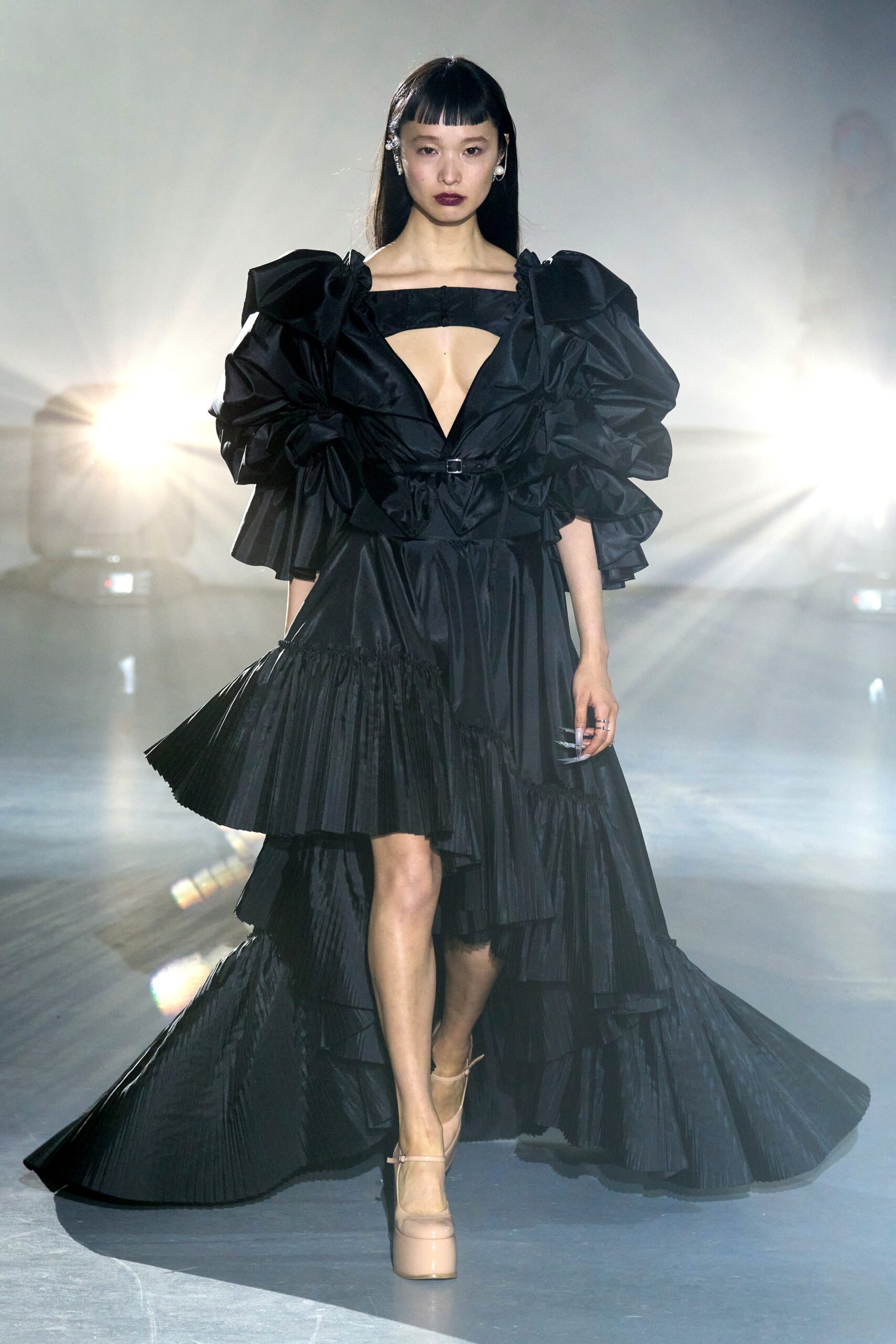 black silk pleated midi dress