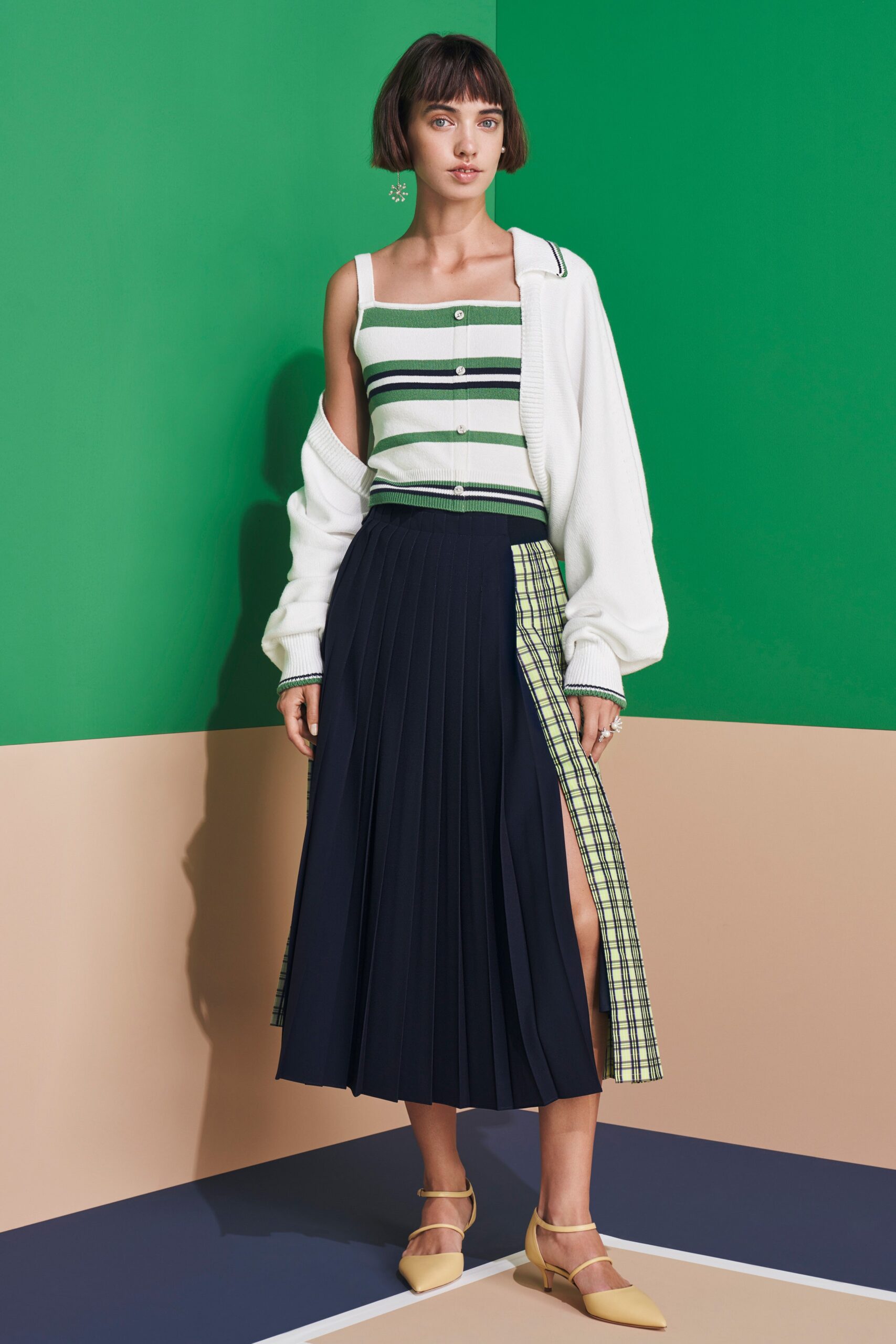 blue long-sleeve slit fitted pleated midi skirt