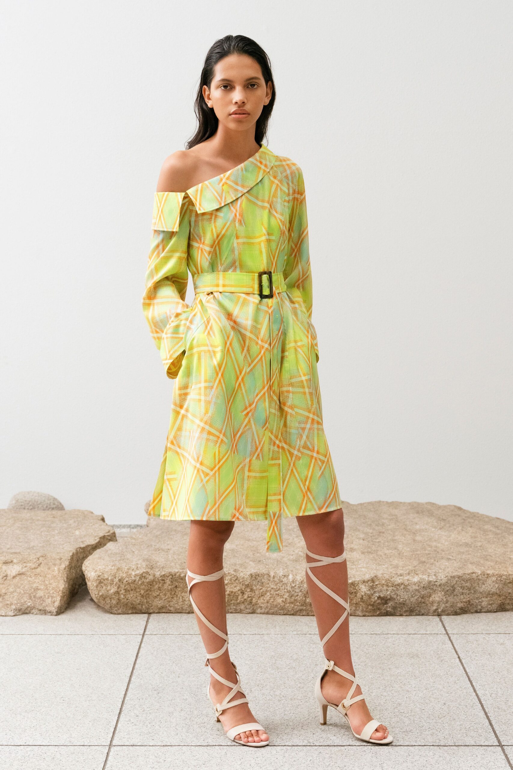 yellow green checked midi dress