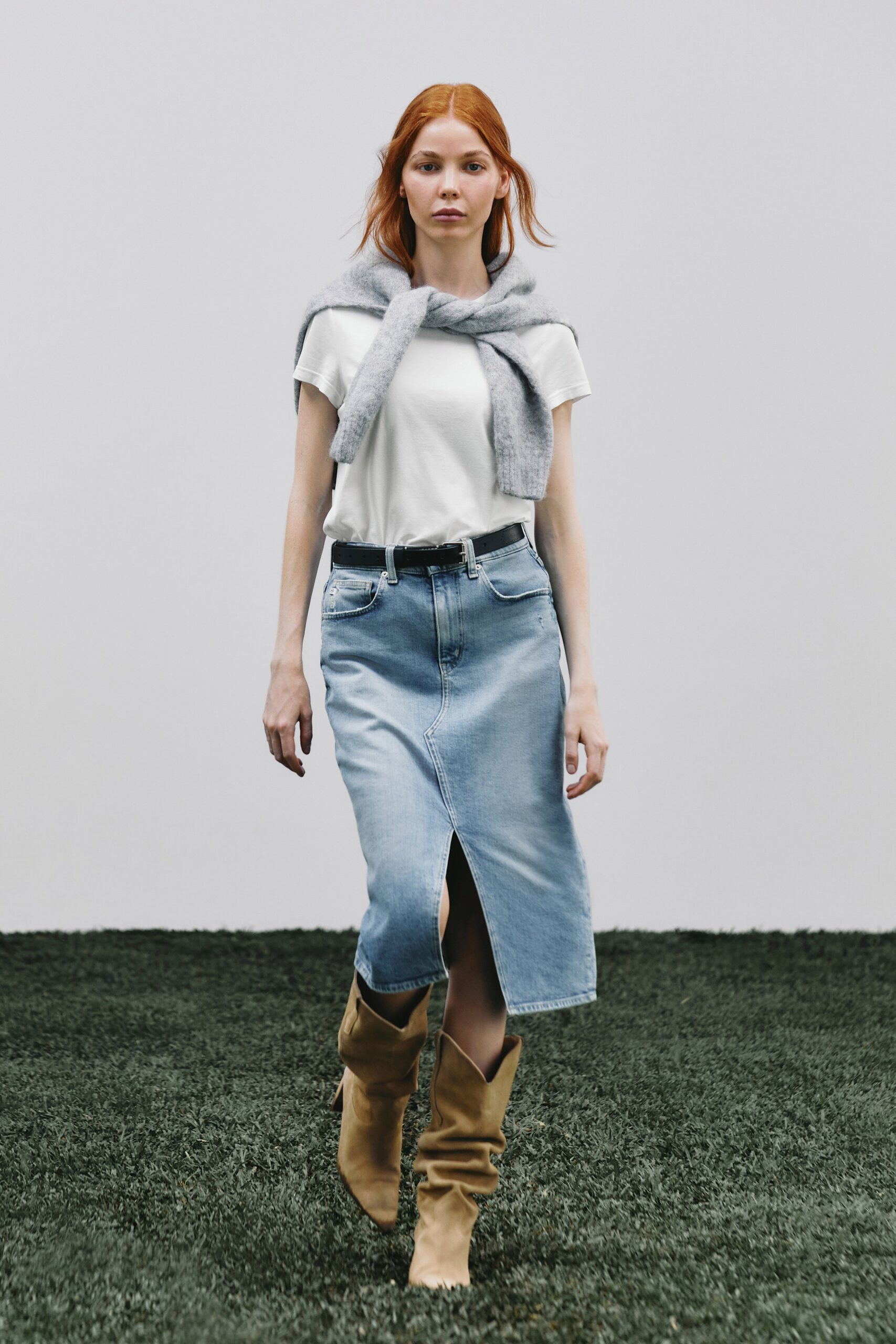 white t-shirt with denim skirt