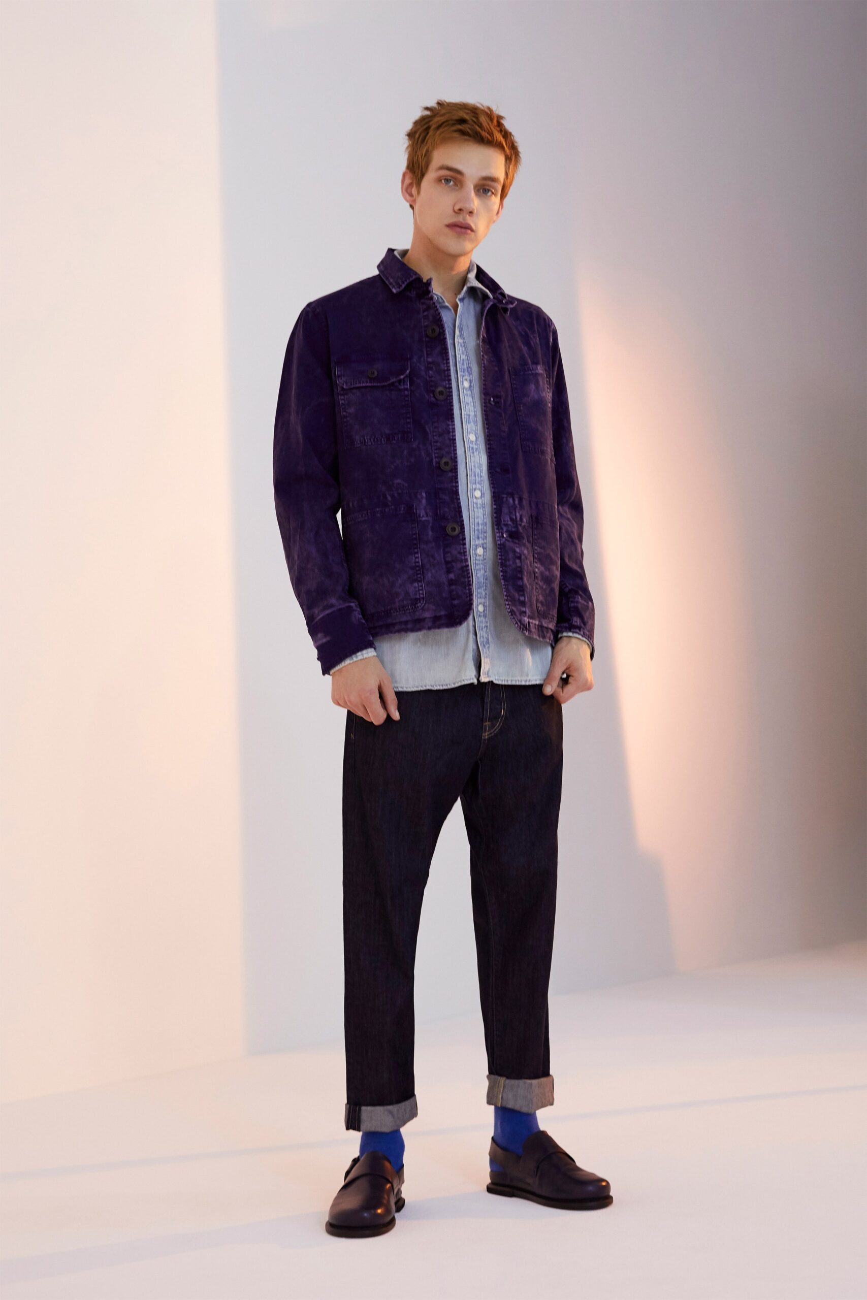 purple denim jacket with relaxed fit