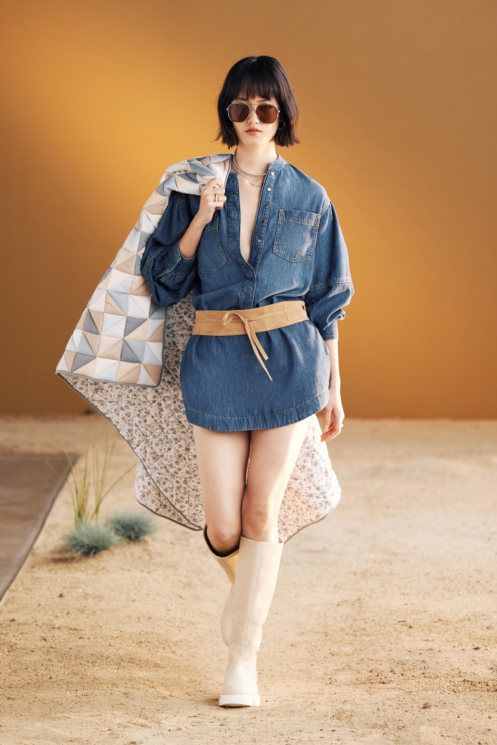 blue denim mini dress with coat