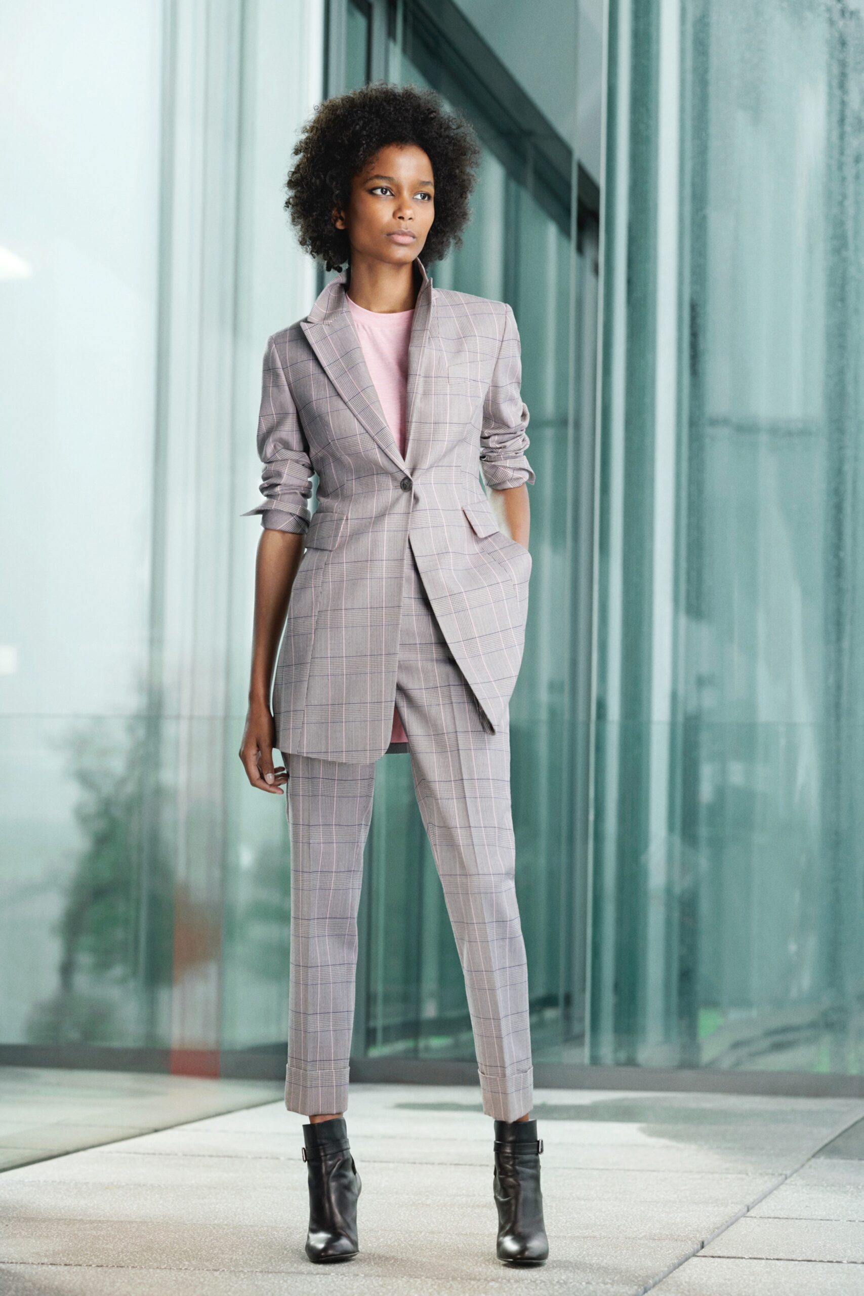 tailored gray suit with pink top