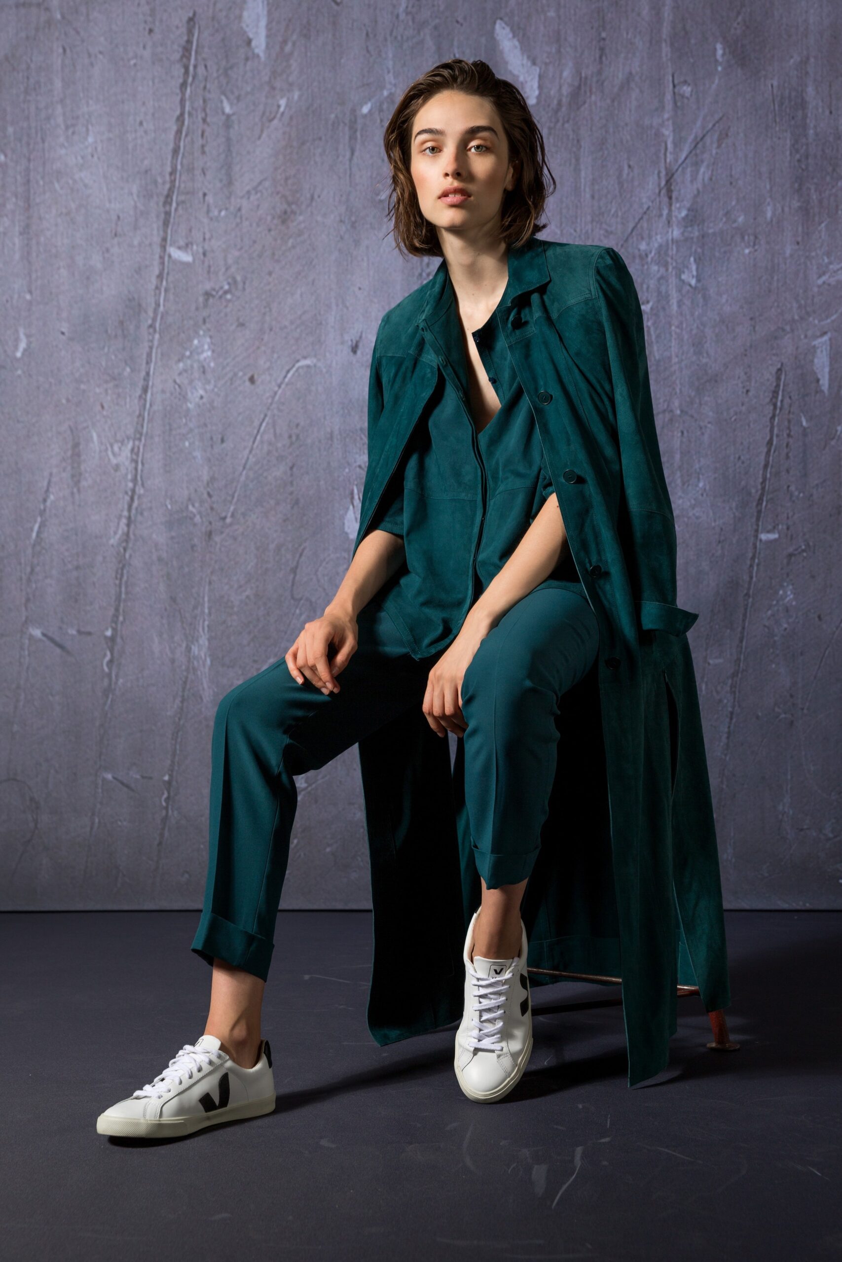 green suede sleeveless v-neck relaxed top