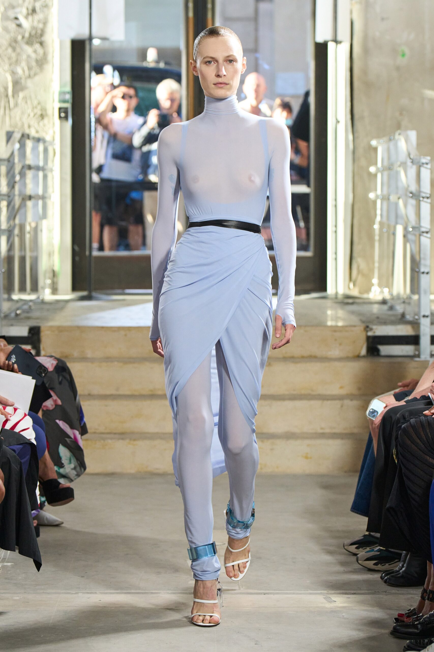 fitted blue mesh dress