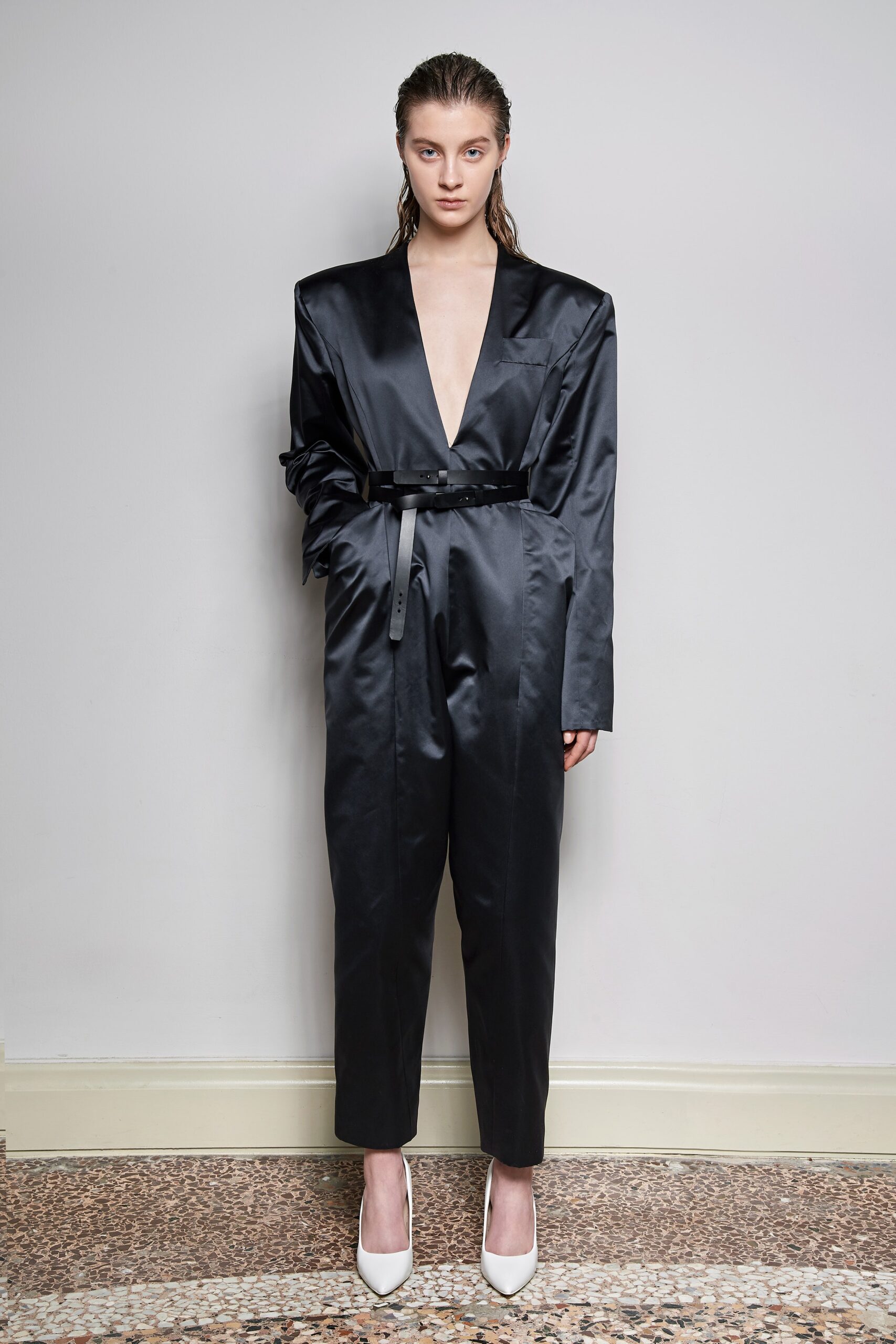 black satin belted jumpsuit
