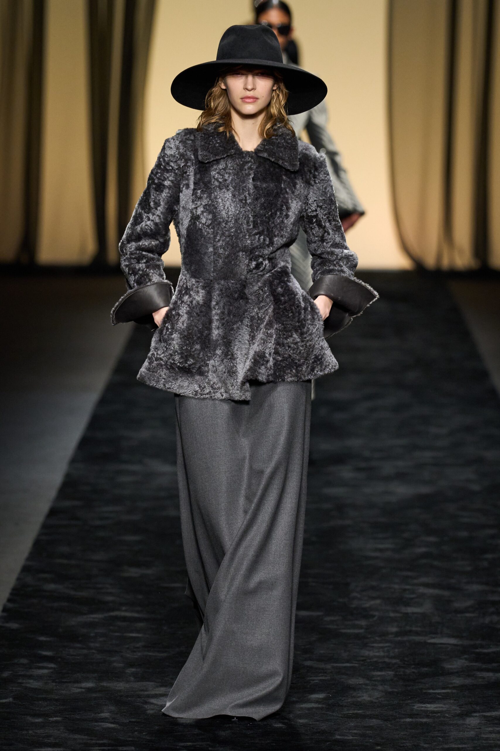 gray faux-fur coat with wide-leg pants