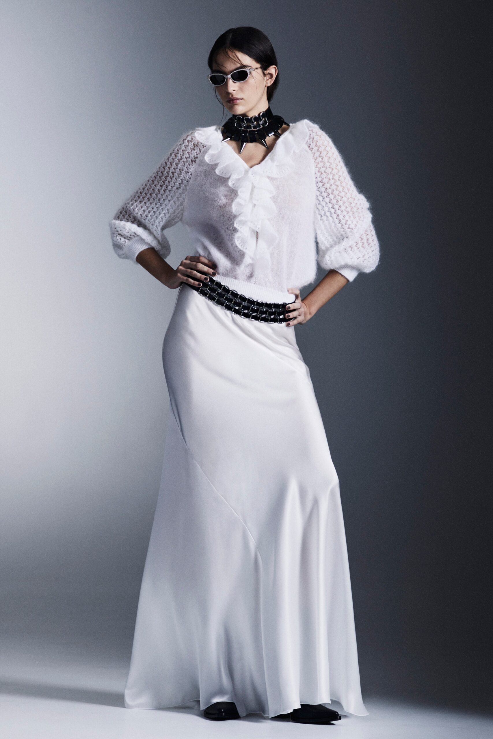white ruffled blouse and maxi skirt