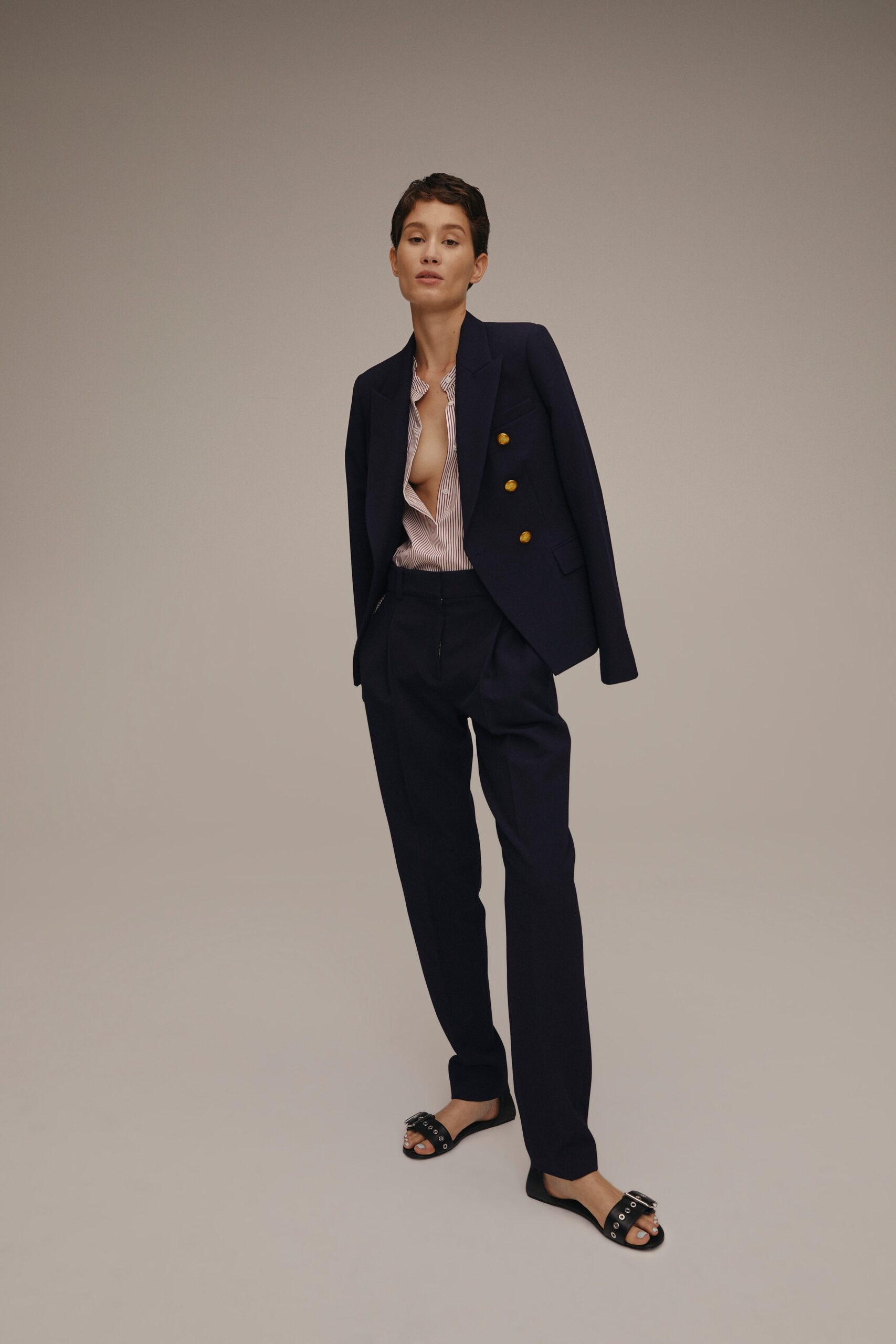 navy blazer pink shirt tailored pants