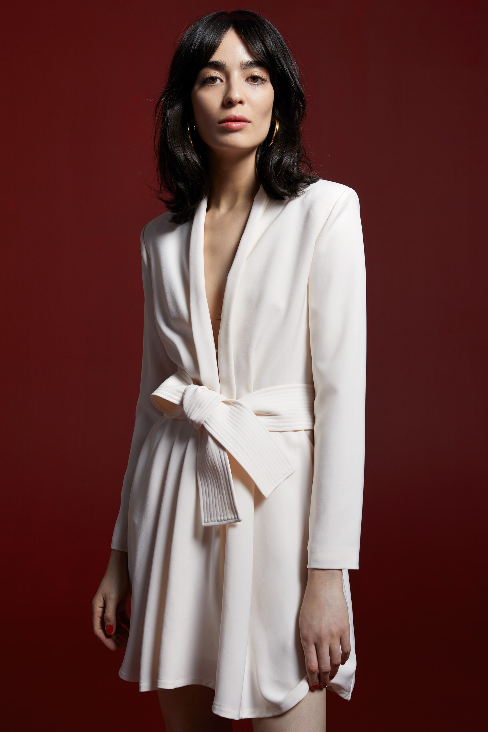 white silk belted mini dress