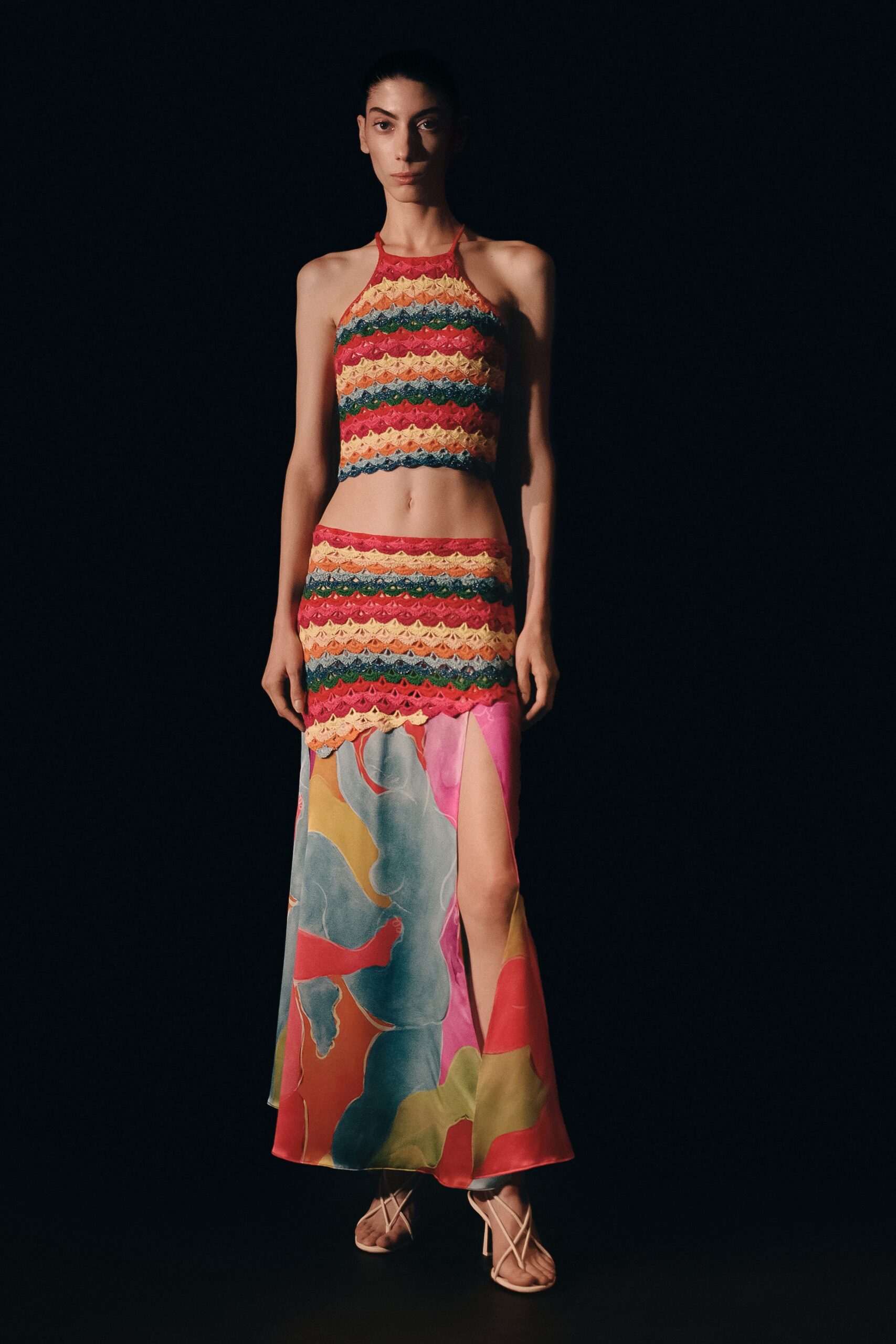 multi chiffon slit fitted high-waisted tiered flowing skirt
