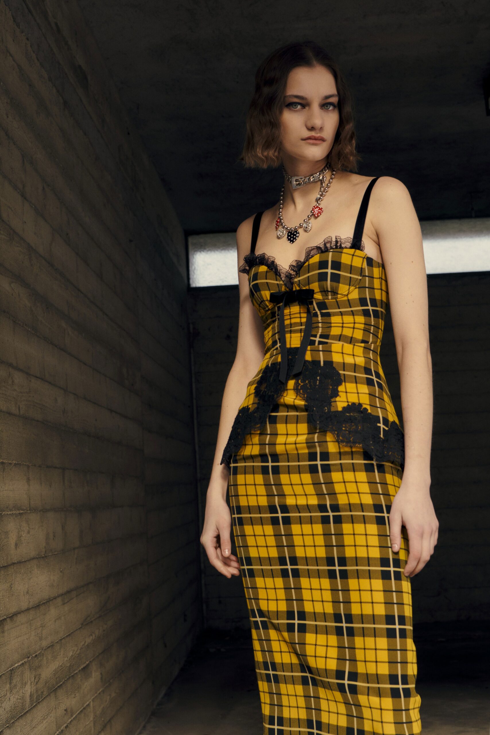 fitted yellow and black checked dress