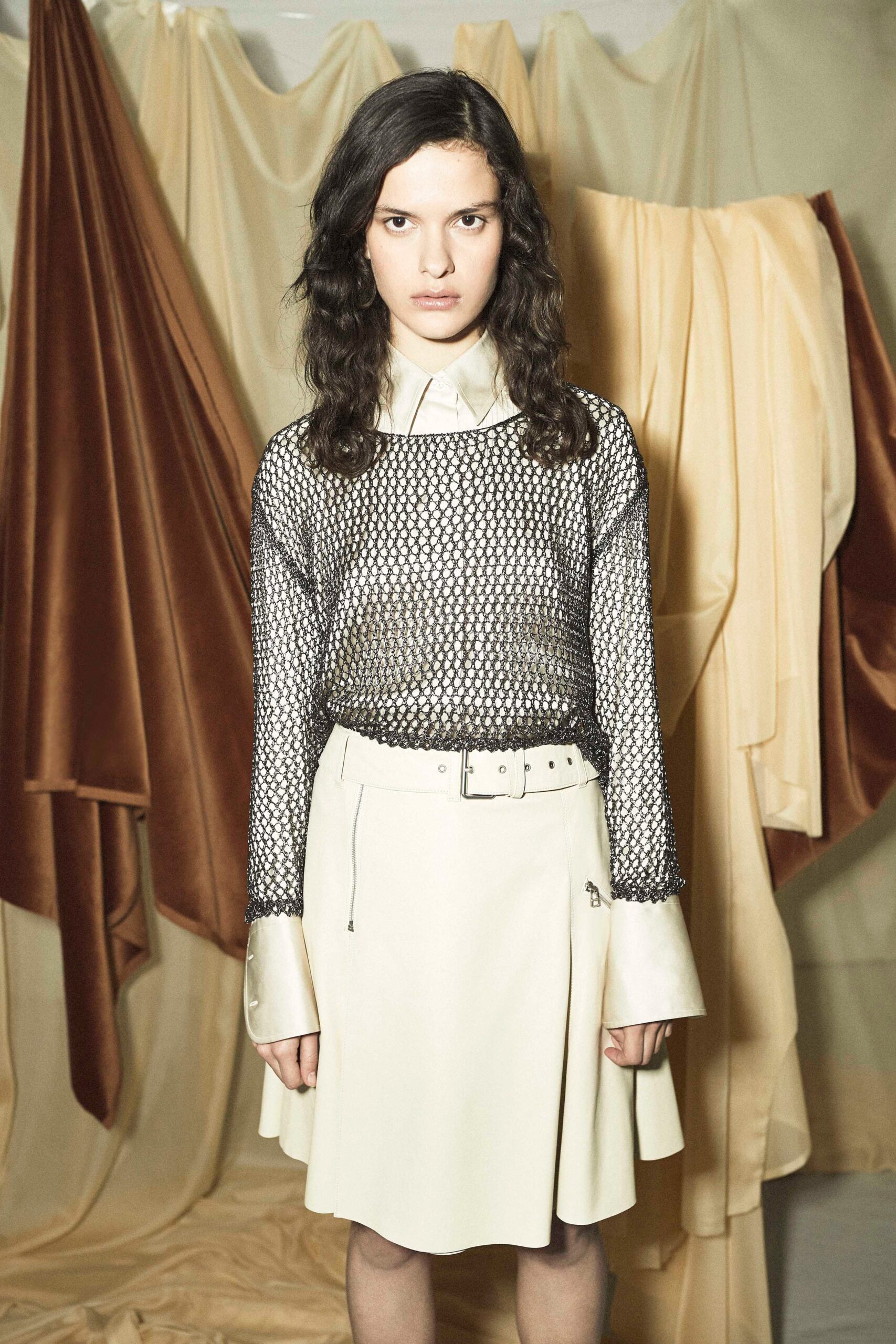 black mesh long-sleeve collared fitted layered top