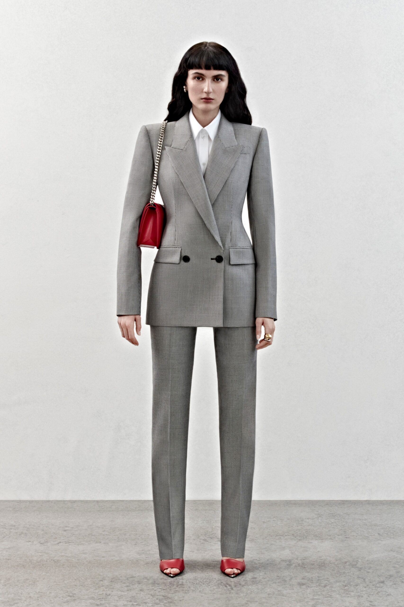 gray wool long-sleeve collared tailored buttoned straight-leg suit