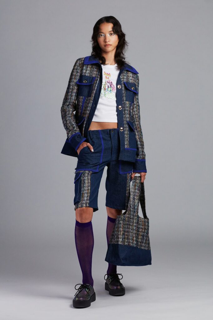 blue tweed jacket with shorts