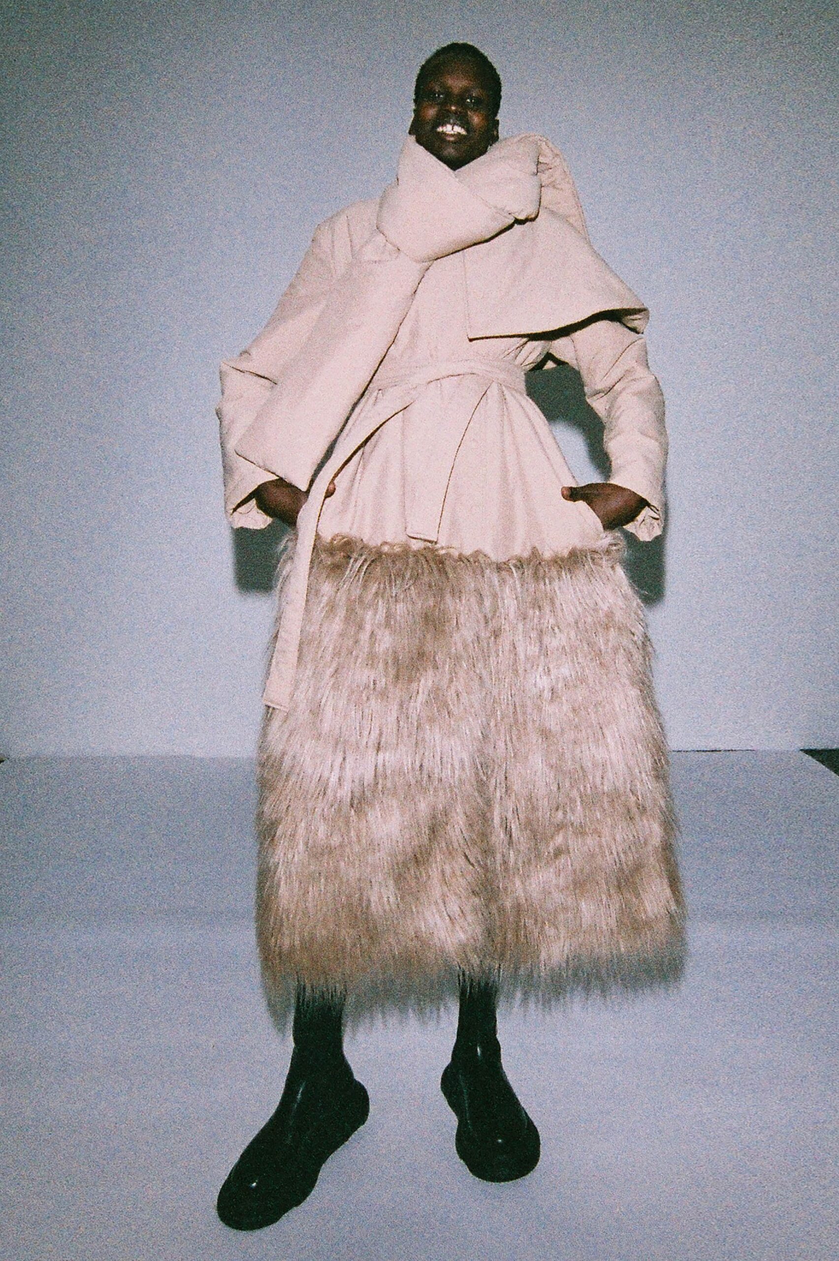 beige faux-fur coat and skirt