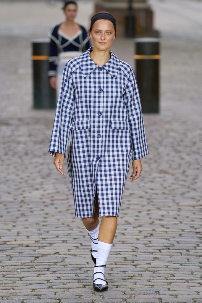 blue and white checked coat