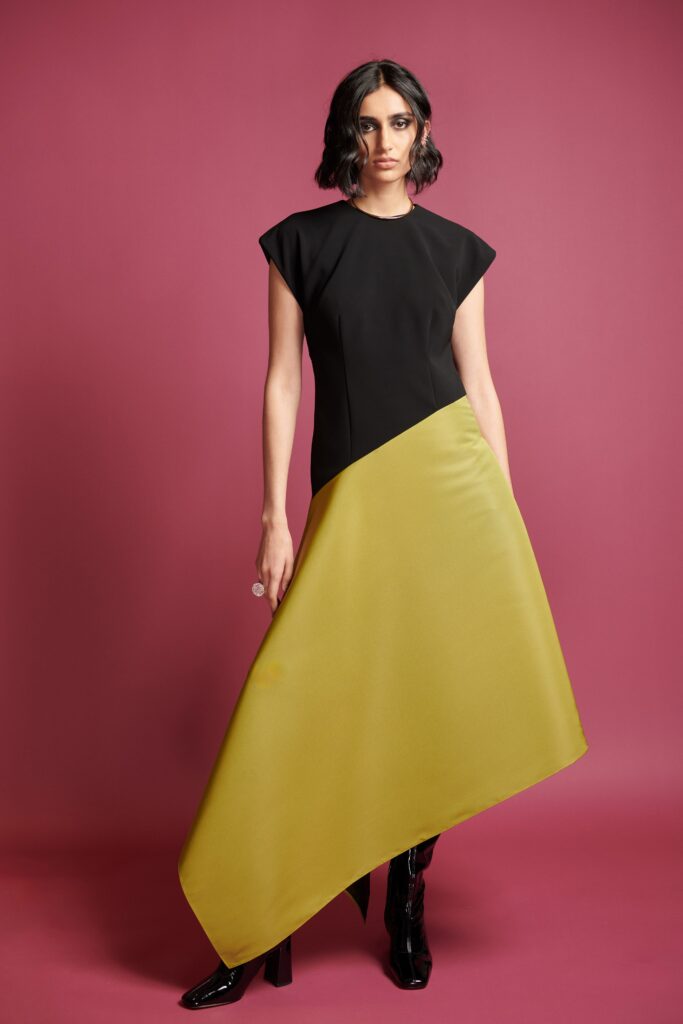 black and yellow asymmetric dress