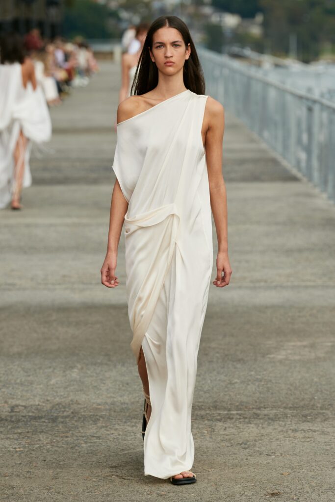 white silk asymmetric draped dress