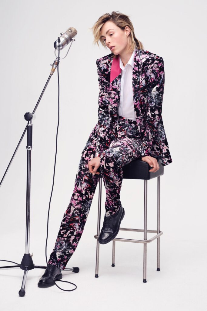 A fitted multicolor printed suit with a long-sleeve collared shirt.