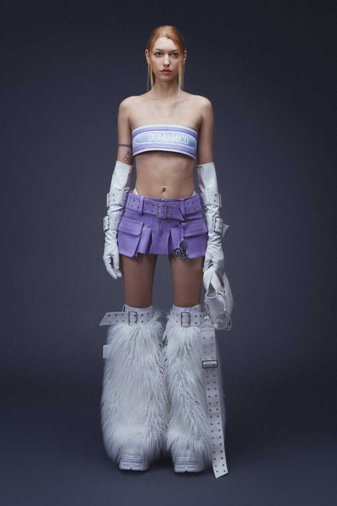 blue strapless top with purple skirt